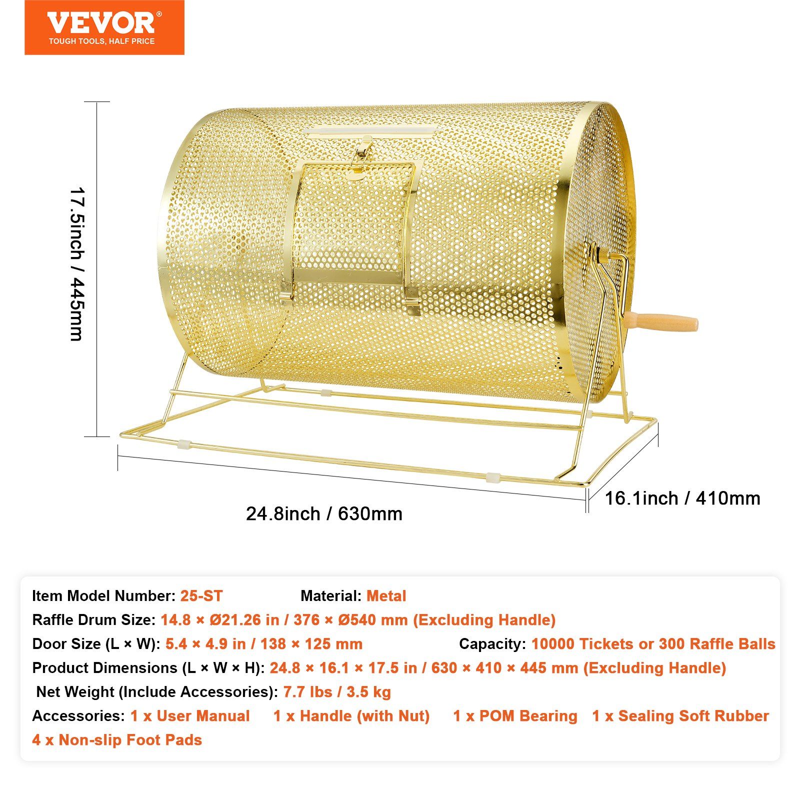 Raffle Drum, 14.8 x Ø21.26 inch Brass Plated Raffle Ticket Spinning Cage, Holds 10000 Tickets or 300 Ping Pong Balls, Metal Lottery Spinning Drawing with Wooden Turning Handle, for Bingo Ballot - Image 7