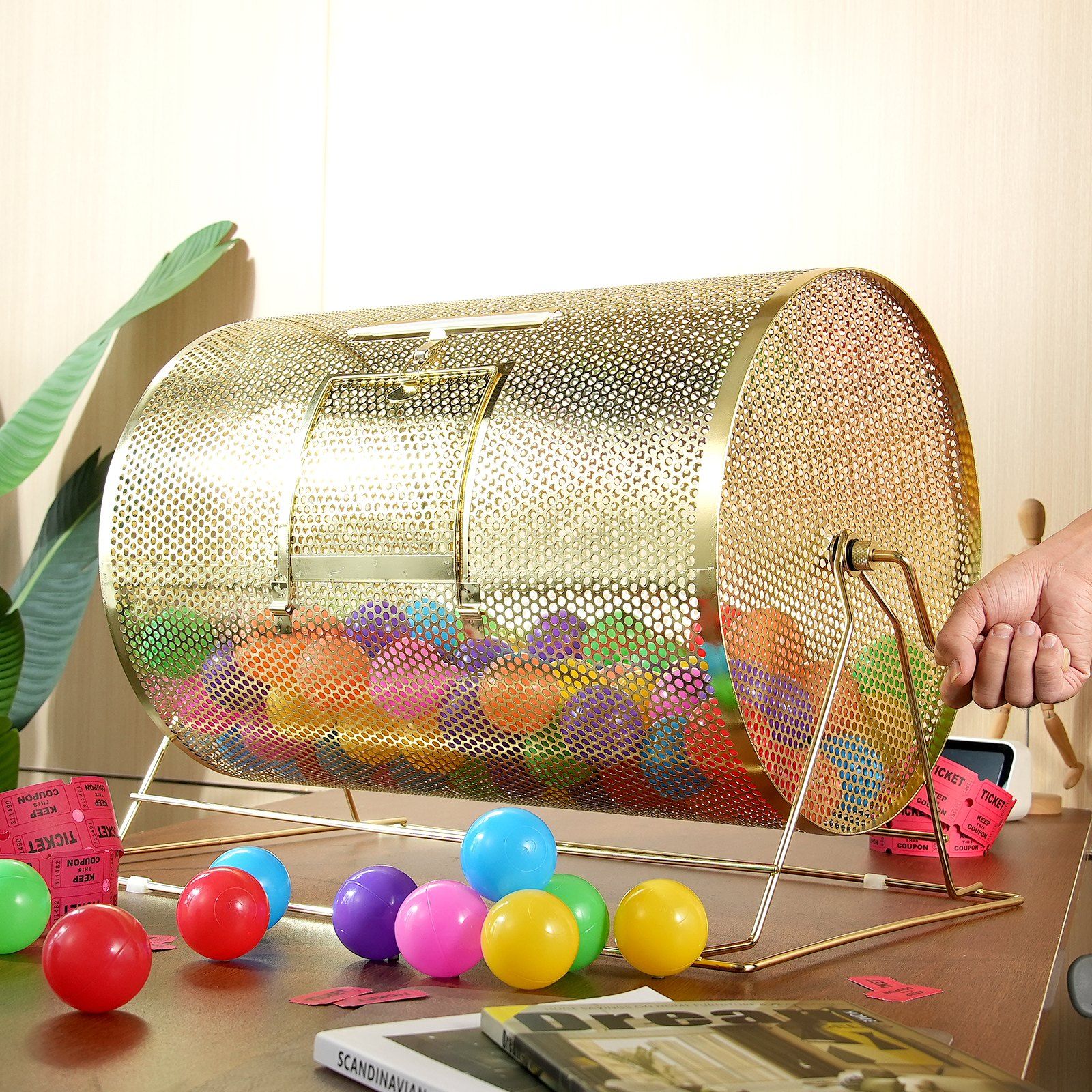 Raffle Drum, 14.8 x Ø21.26 inch Brass Plated Raffle Ticket Spinning Cage, Holds 10000 Tickets or 300 Ping Pong Balls, Metal Lottery Spinning Drawing with Wooden Turning Handle, for Bingo Ballot - Image 8
