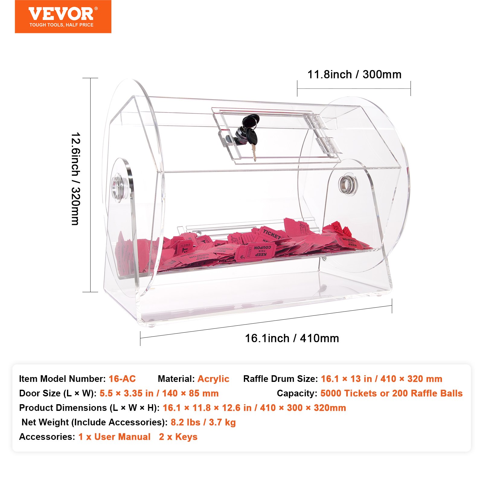 Acrylic Raffle Drum, Holds 5000 Tickets or 200 Raffle Balls, Professional Raffle Ticket Spinning Cage with 2 Keys, Transparent Lottery Spinning Drawing, Raffle Ticket Box for Lottery Games Bingo - Image 7