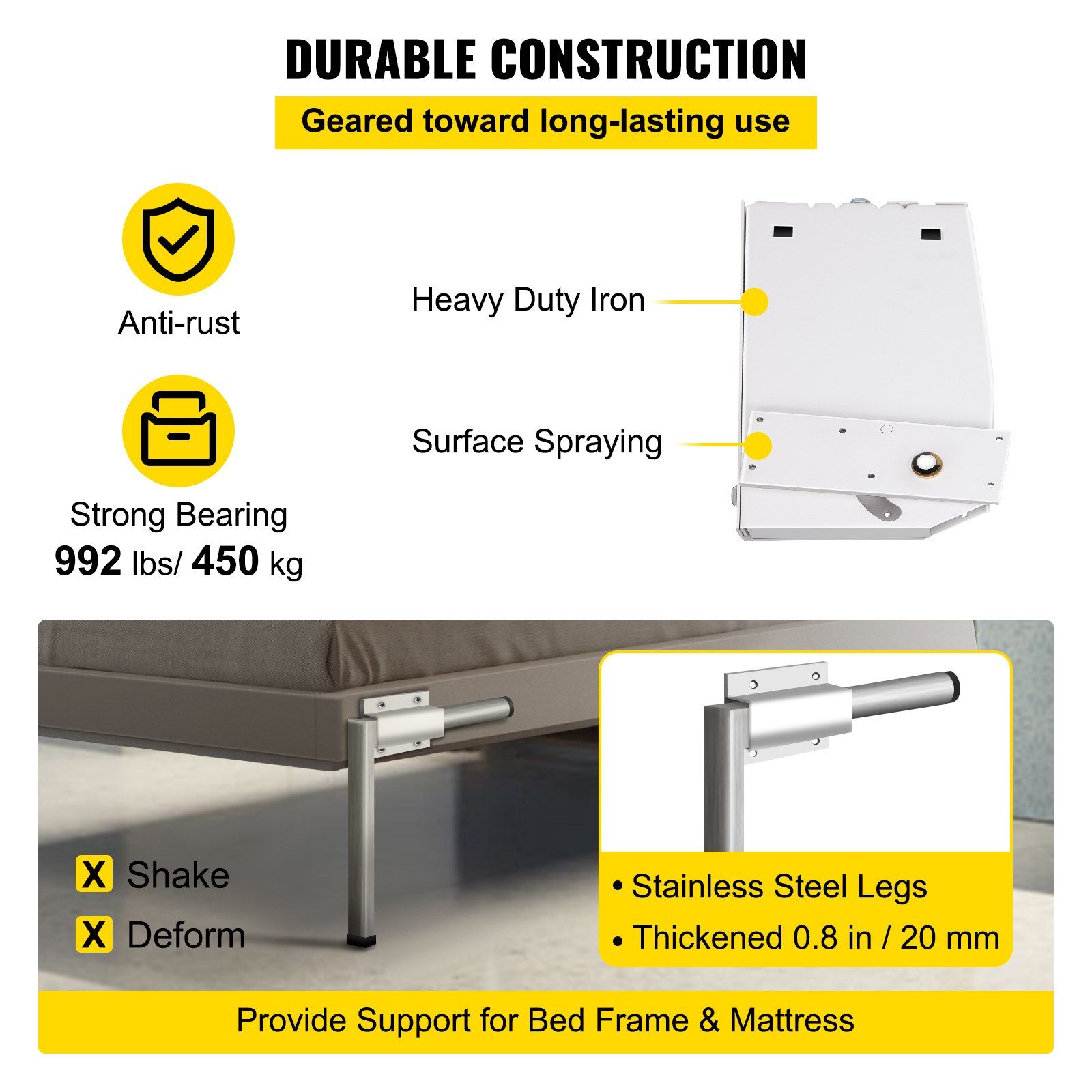 Murphy Mounting Wall Springs Mechanism, Heavy Duty Support Hardware DIY Kit, Bed Springs Mechanism Ideal for King Queen Bed (Vertical), White - Image 5