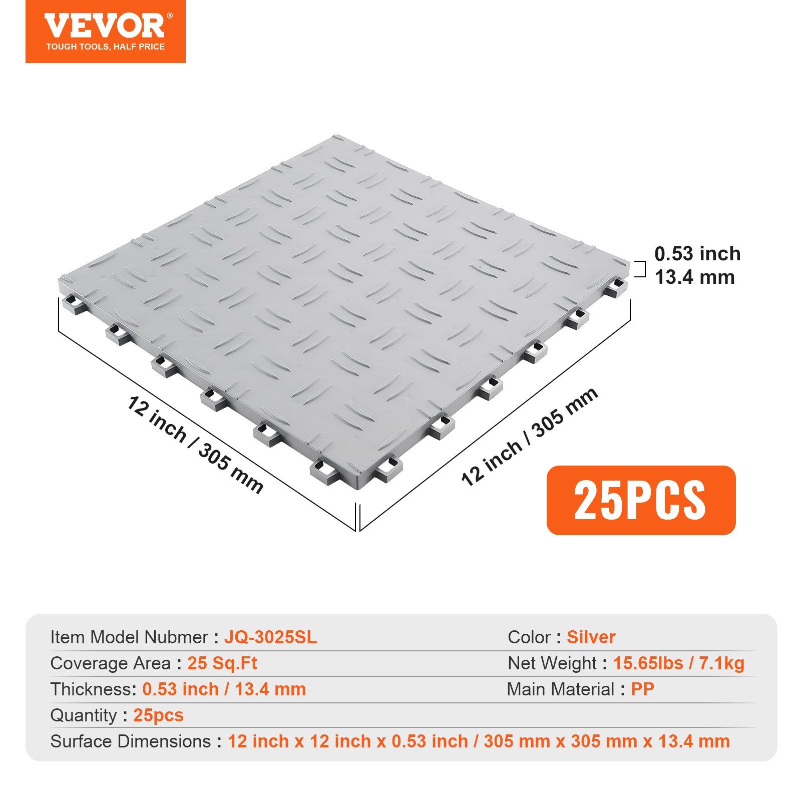 Garage Tiles Interlocking, 305 x 305 x 13.4 mm 25 Pack Garage Floor Covering Tiles, Non-Slip Double-Sided Texture Garage Flooring Tiles, for Garages, Basements, Repair Shops, Silver - Image 7
