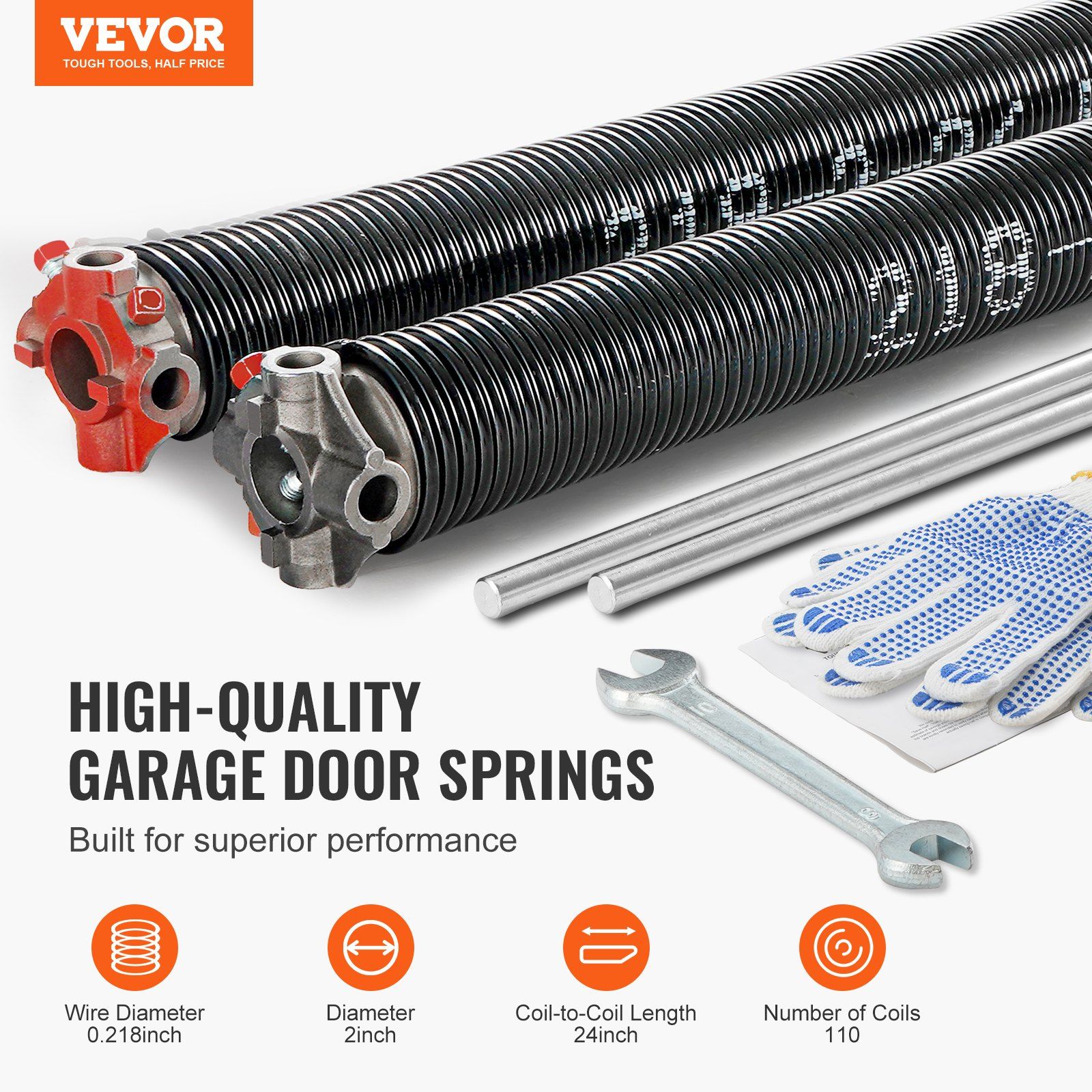 Garage Door Torsion Springs, Pair of 5.54 x 50.8 x 610 mm, 16000 Cycles, Garage Door Springs with Non-Slip Winding Bars, Gloves and Mounting Wrench, Electrophoresis Coated for Replacement - Image 2