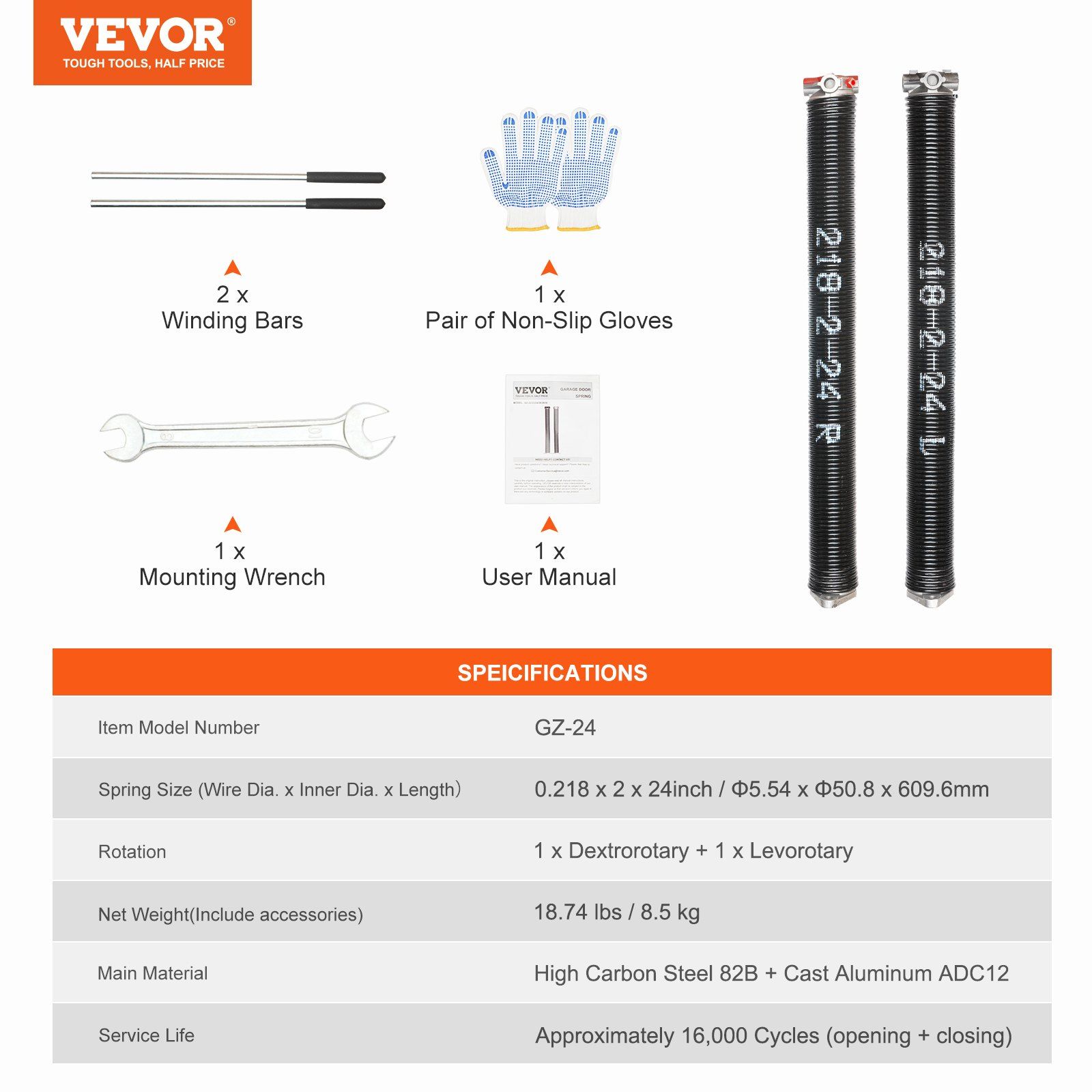 Garage Door Torsion Springs, Pair of 5.54 x 50.8 x 610 mm, 16000 Cycles, Garage Door Springs with Non-Slip Winding Bars, Gloves and Mounting Wrench, Electrophoresis Coated for Replacement - Image 7
