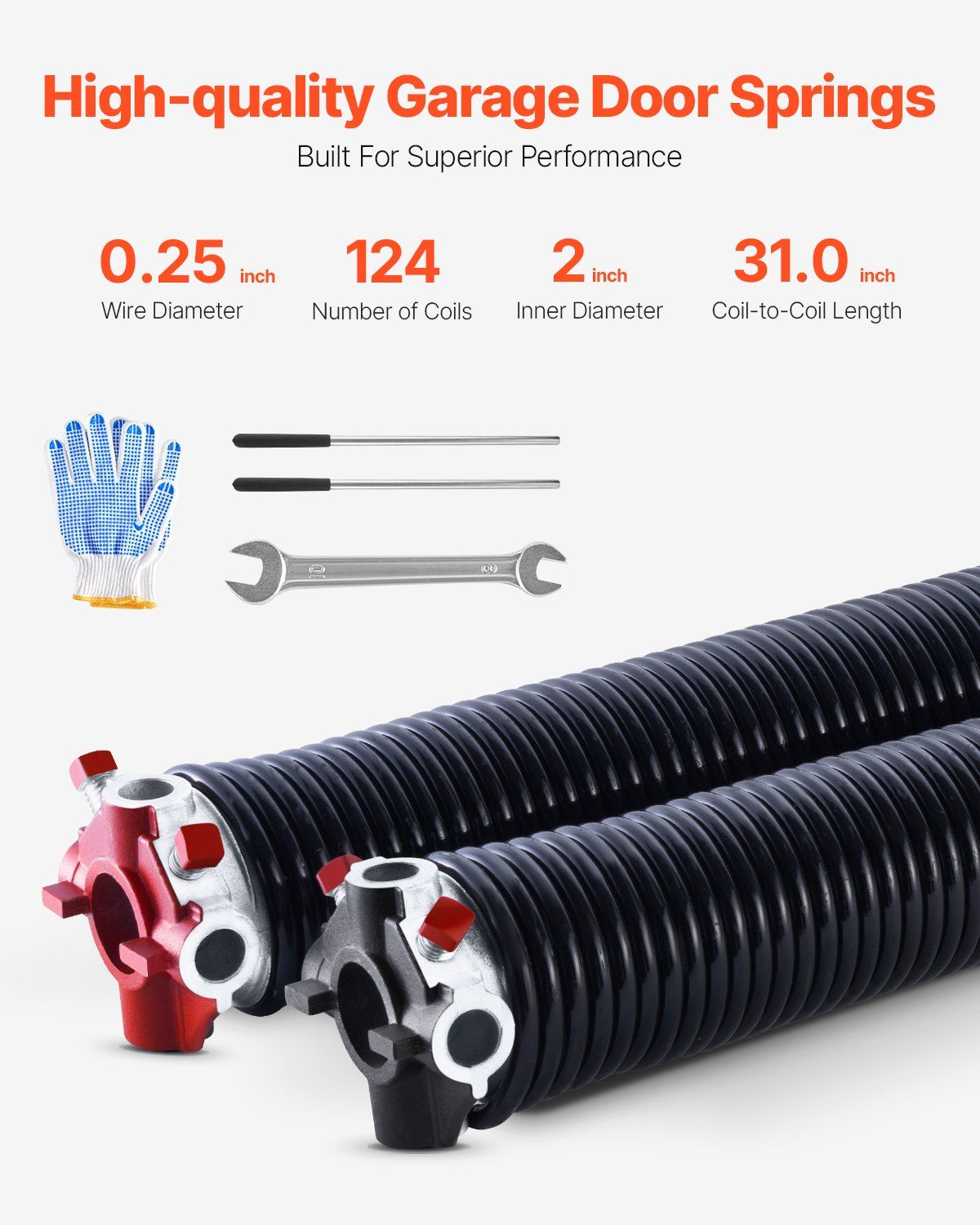 Garage Door Torsion Springs, Pair of 6.35 x 50.8 x 787 mmn, 16000 Cycles, Electrophoresis Black Coated for Replacement, Garage Door Springs with Non-Slip Winding Bars, Gloves and Mounting Wrench - Image 2