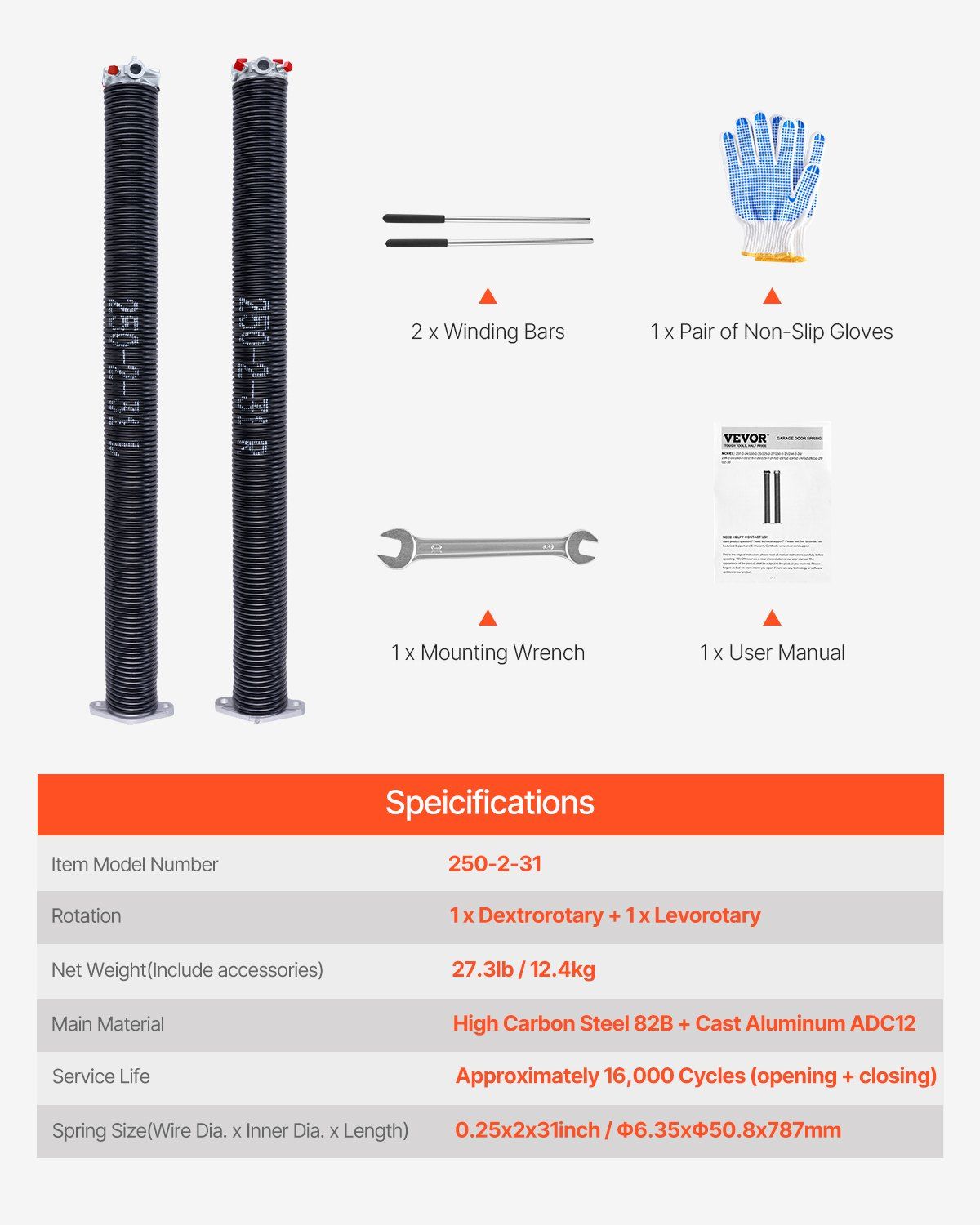 Garage Door Torsion Springs, Pair of 6.35 x 50.8 x 787 mmn, 16000 Cycles, Electrophoresis Black Coated for Replacement, Garage Door Springs with Non-Slip Winding Bars, Gloves and Mounting Wrench - Image 7