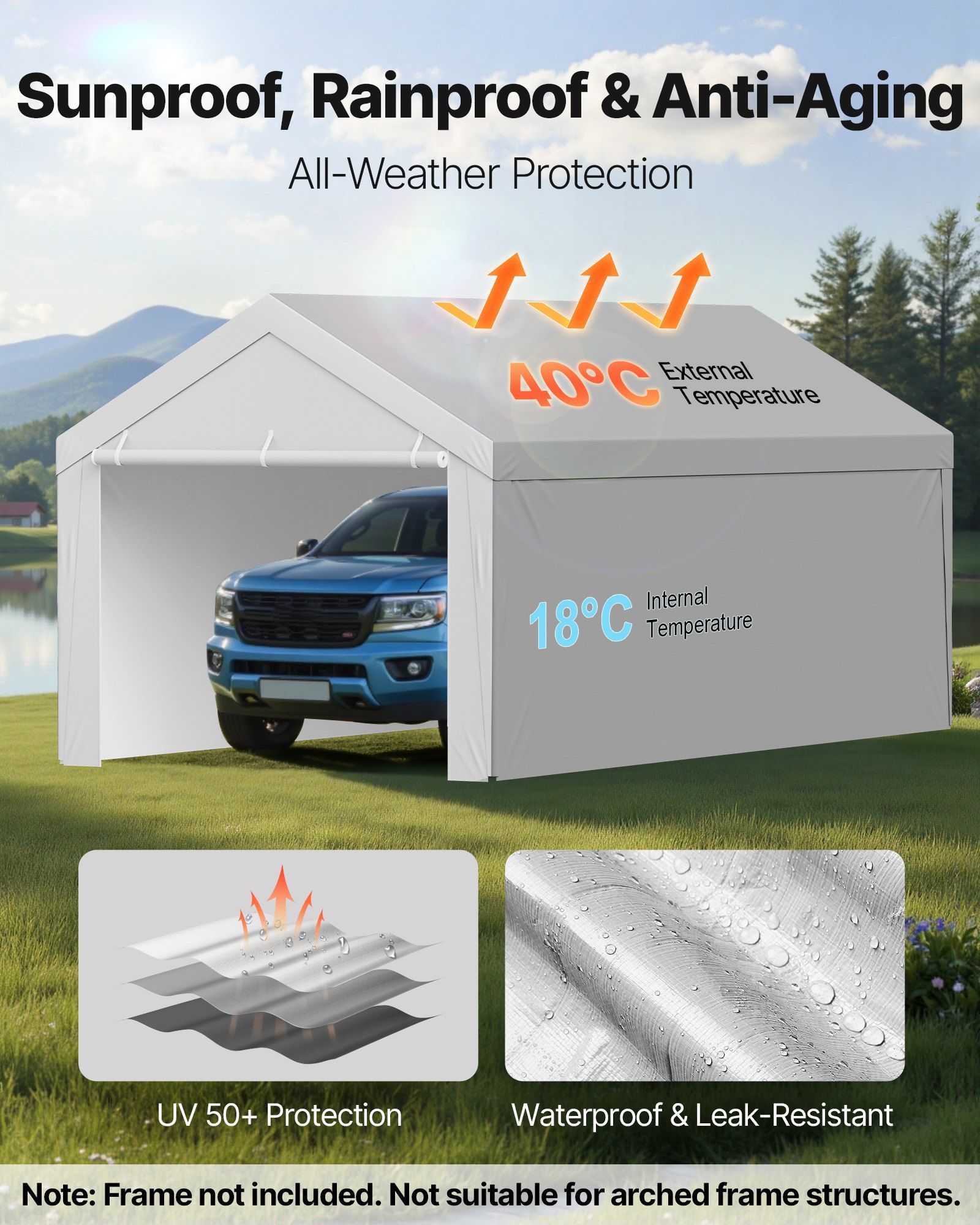 Carport Replacement Canopy, 6 x 4 m Potable Garage Tent Top Tarp with Sidewalls, UV-Resistant & Waterproof, Heavy Duty Car Shelter Tarp with Ball Buggees, Grey, Frame Not Included - Image 4