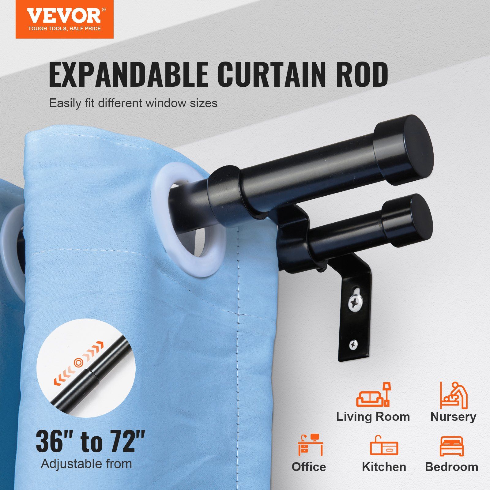 Double Rod Curtain Rods, 36-72 inches(3-6ft) Adjustable Length, Black Double Curtain Rods with Cap Finials, 1