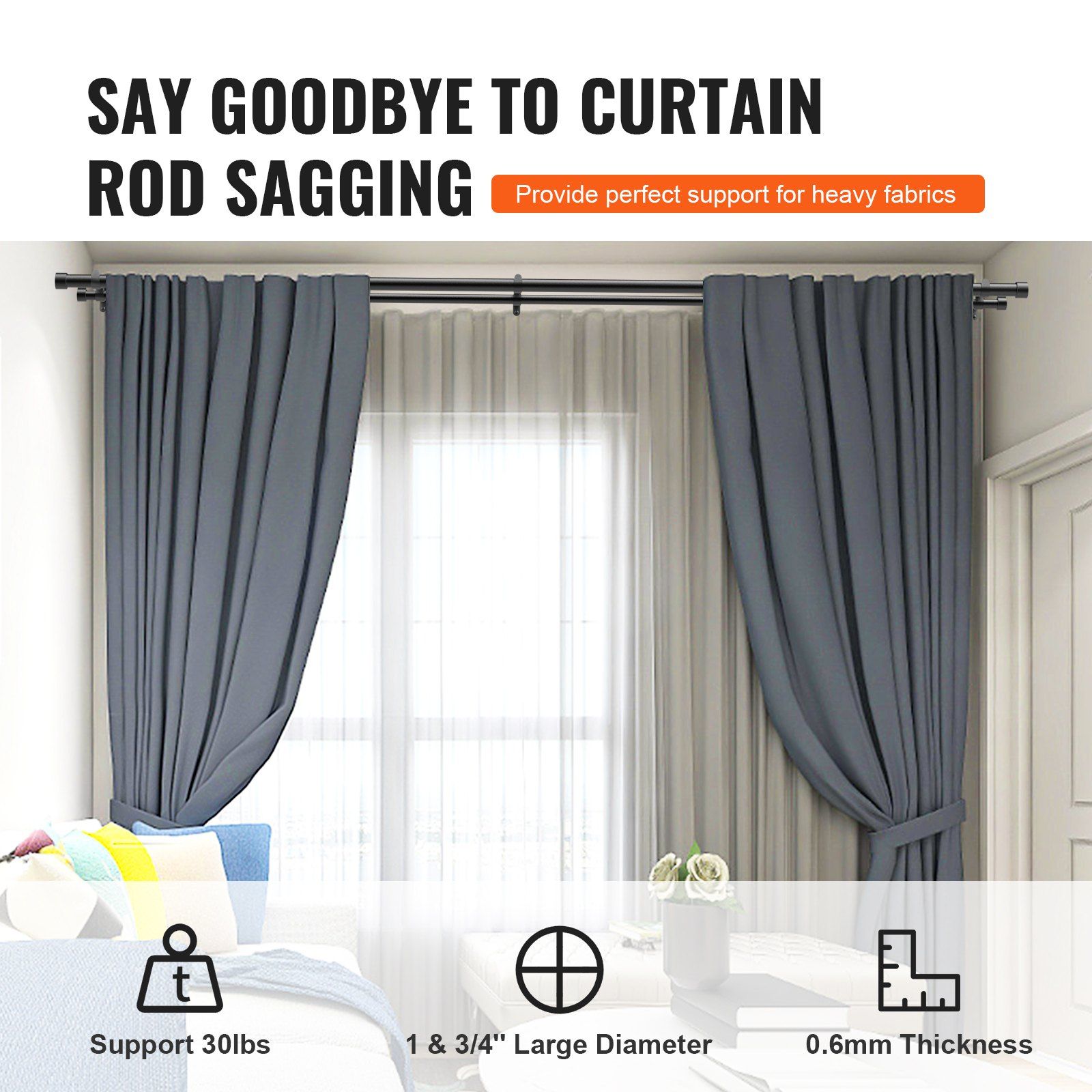 Double Rod Curtain Rods, 36-72 inches(3-6ft) Adjustable Length, Black Double Curtain Rods with Cap Finials, 1