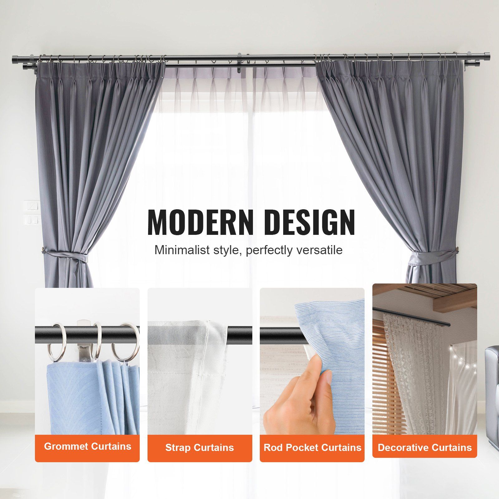 Double Rod Curtain Rods, 36-72 inches(3-6ft) Adjustable Length, Black Double Curtain Rods with Cap Finials, 1