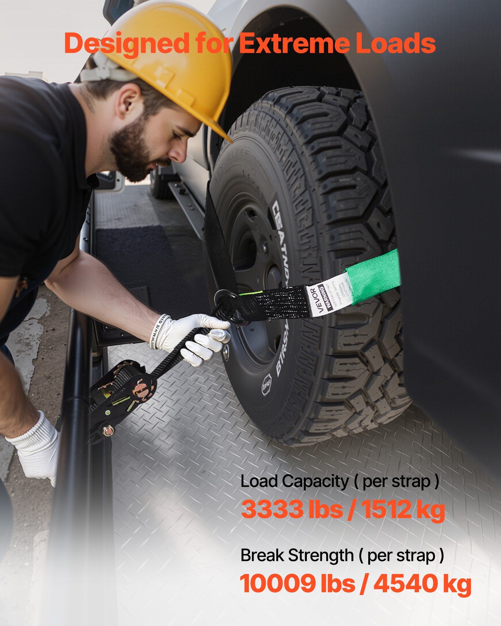 Wheel Chock Tie-Down Kit, Tire-Style Tow Dolly Strap, Car Tie Down Kit with Heavy-Duty Hook, Break Strength 4540 kg & Working Load 1512 kg Motorcycle Tie-Down System for ATV, SUV, Trailer - Image 3
