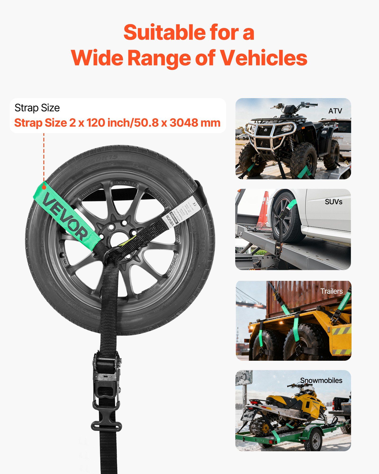 Wheel Chock Tie-Down Kit, Tire-Style Tow Dolly Strap, Car Tie Down Kit with Heavy-Duty Hook, Break Strength 4540 kg & Working Load 1512 kg Motorcycle Tie-Down System for ATV, SUV, Trailer - Image 4