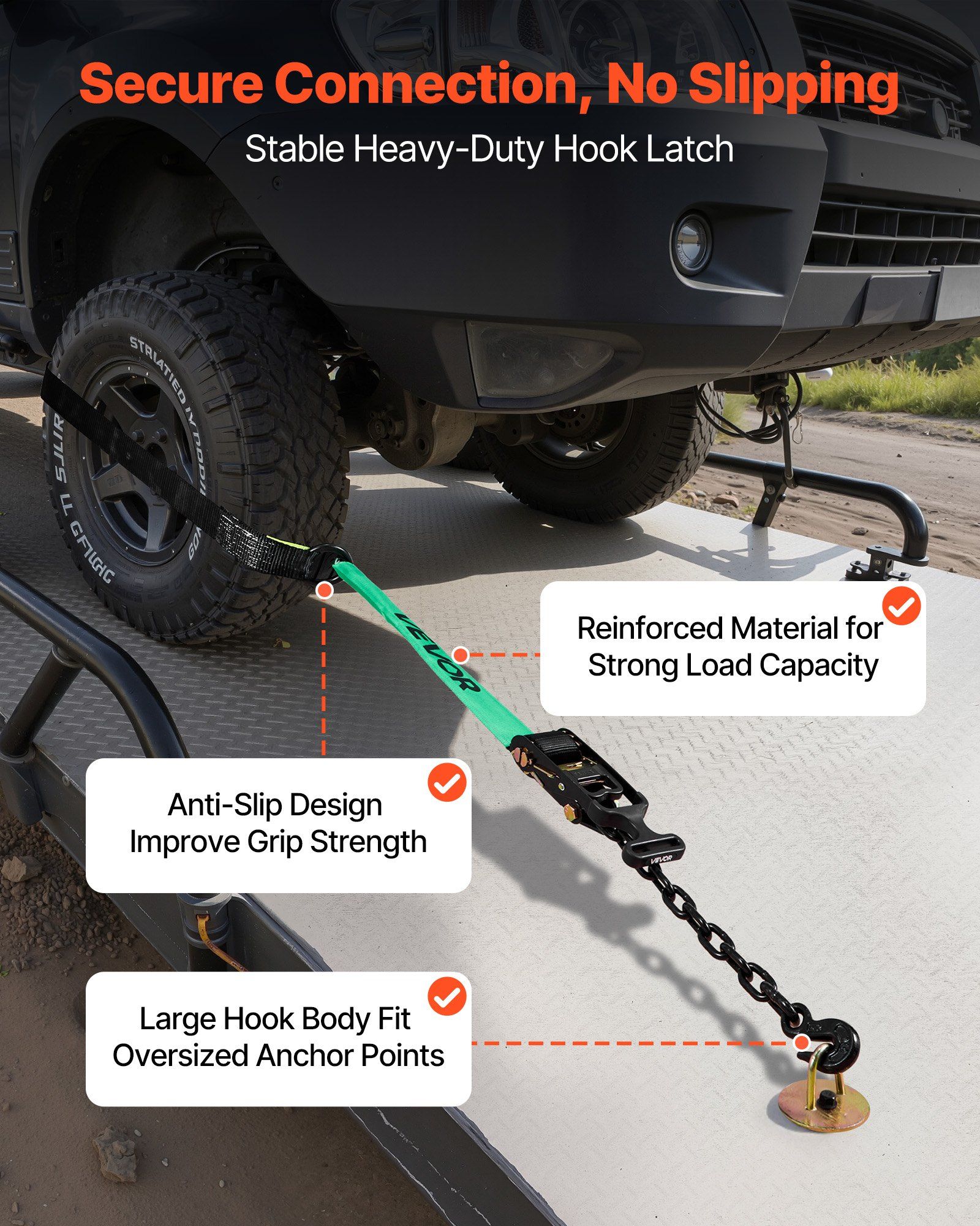 Wheel Chock Tie-Down Kit, Tire-Style Tow Dolly Strap, Car Tie Down Kit with Heavy-Duty Hook, Break Strength 4540 kg & Working Load 1512 kg Motorcycle Tie-Down System for ATV, SUV, Trailer - Image 5