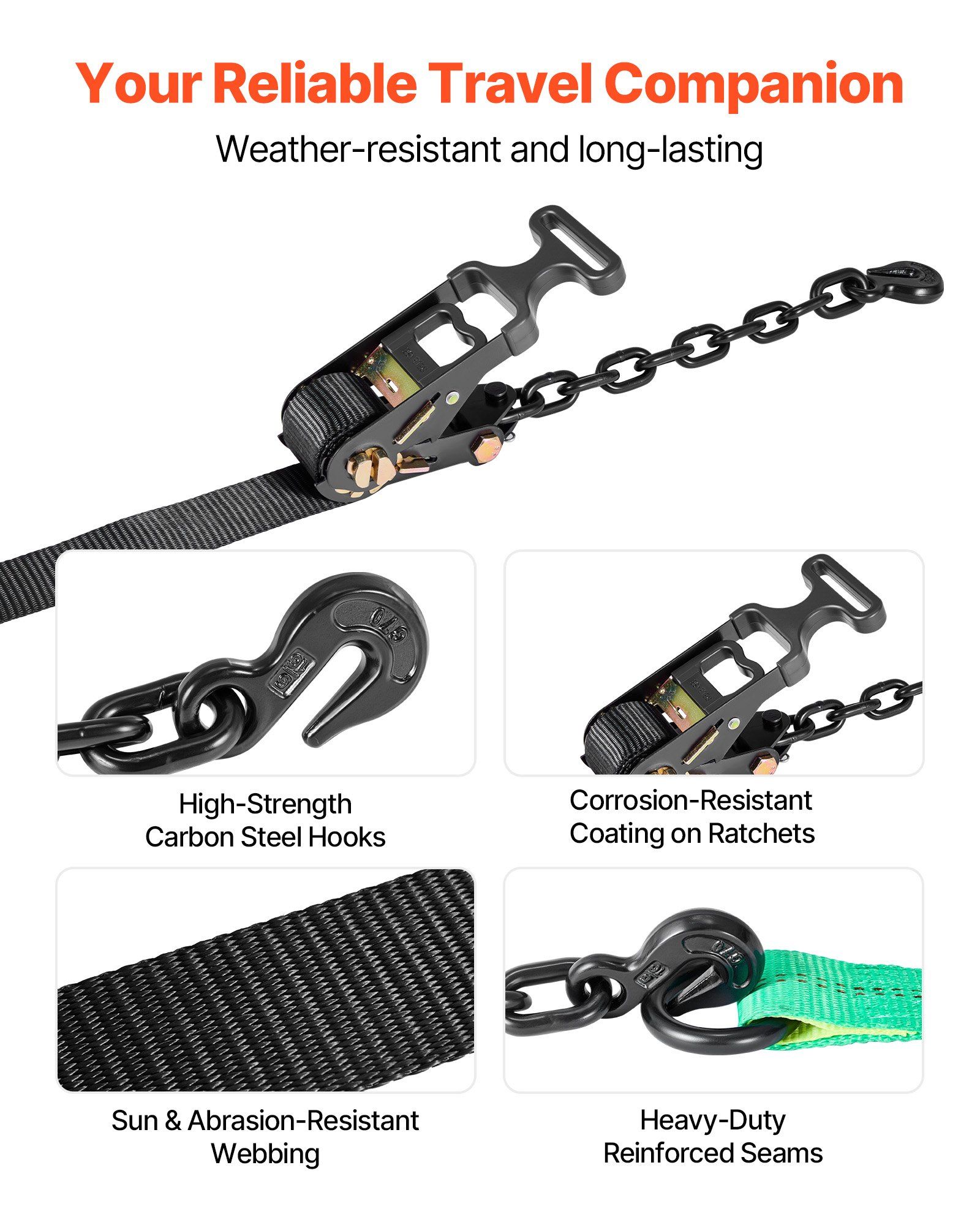 Wheel Chock Tie-Down Kit, Tire-Style Tow Dolly Strap, Car Tie Down Kit with Heavy-Duty Hook, Break Strength 4540 kg & Working Load 1512 kg Motorcycle Tie-Down System for ATV, SUV, Trailer - Image 6