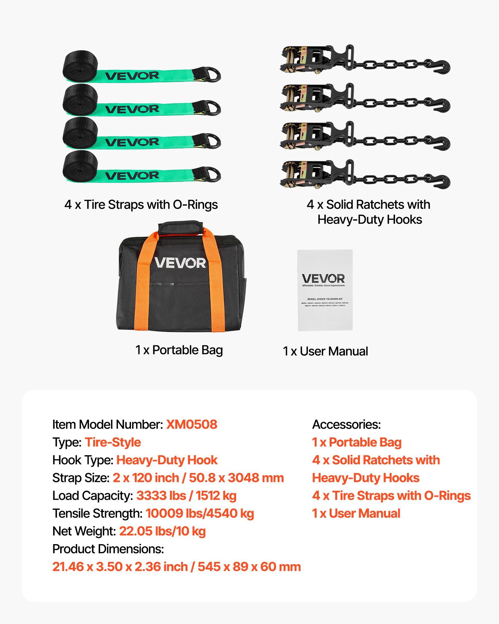 Wheel Chock Tie-Down Kit, Tire-Style Tow Dolly Strap, Car Tie Down Kit with Heavy-Duty Hook, Break Strength 4540 kg & Working Load 1512 kg Motorcycle Tie-Down System for ATV, SUV, Trailer - Image 7