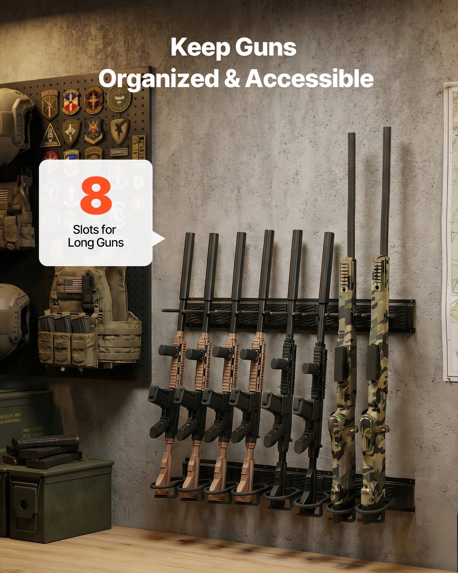 Indoor Gun Rack, Heavy Duty Steel, Wall Mount Rifle and Shotgun Rack, 8 Slots for Long Guns, Gun Display Rifle Storage Holder with Screws, for Home Garage Office Retail Shop Hunting Cabin Wall - Image 2