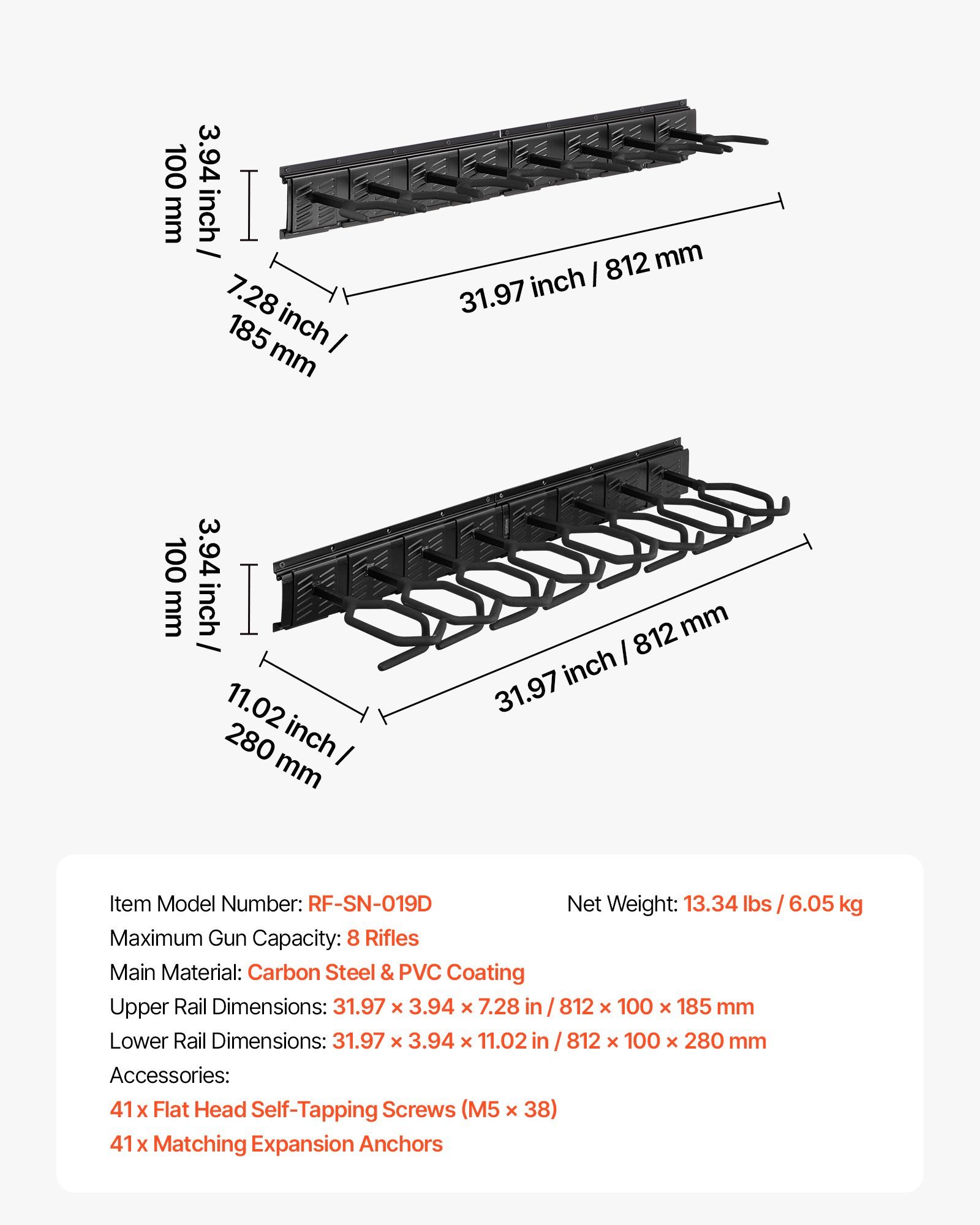 Indoor Gun Rack, Heavy Duty Steel, Wall Mount Rifle and Shotgun Rack, 8 Slots for Long Guns, Gun Display Rifle Storage Holder with Screws, for Home Garage Office Retail Shop Hunting Cabin Wall - Image 7