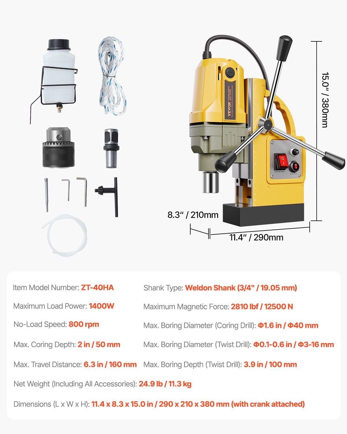 Magnetic Drill, 1400W Motor 1.6 in Boring Diameter, 2810 lbf Portable Electric Mag Drill Press, 800 RPM No-Load Speed, Drilling Machine for Metal Surface, Industrial and Home Improvement - Image 7