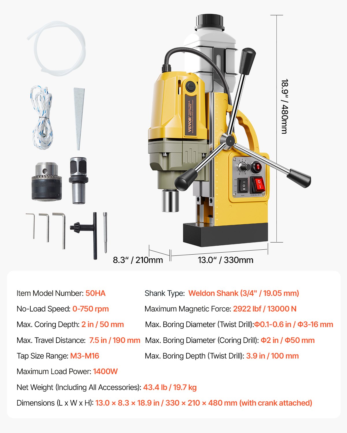 Magnetic Drill, 1400W Motor 2 in Boring Diameter, 2922 lbf Portable Electric Mag Drill Press, 0-750 RPM Variable Speed, Drilling Machine for Metal Surface, Industrial and Home Improvement - Image 7