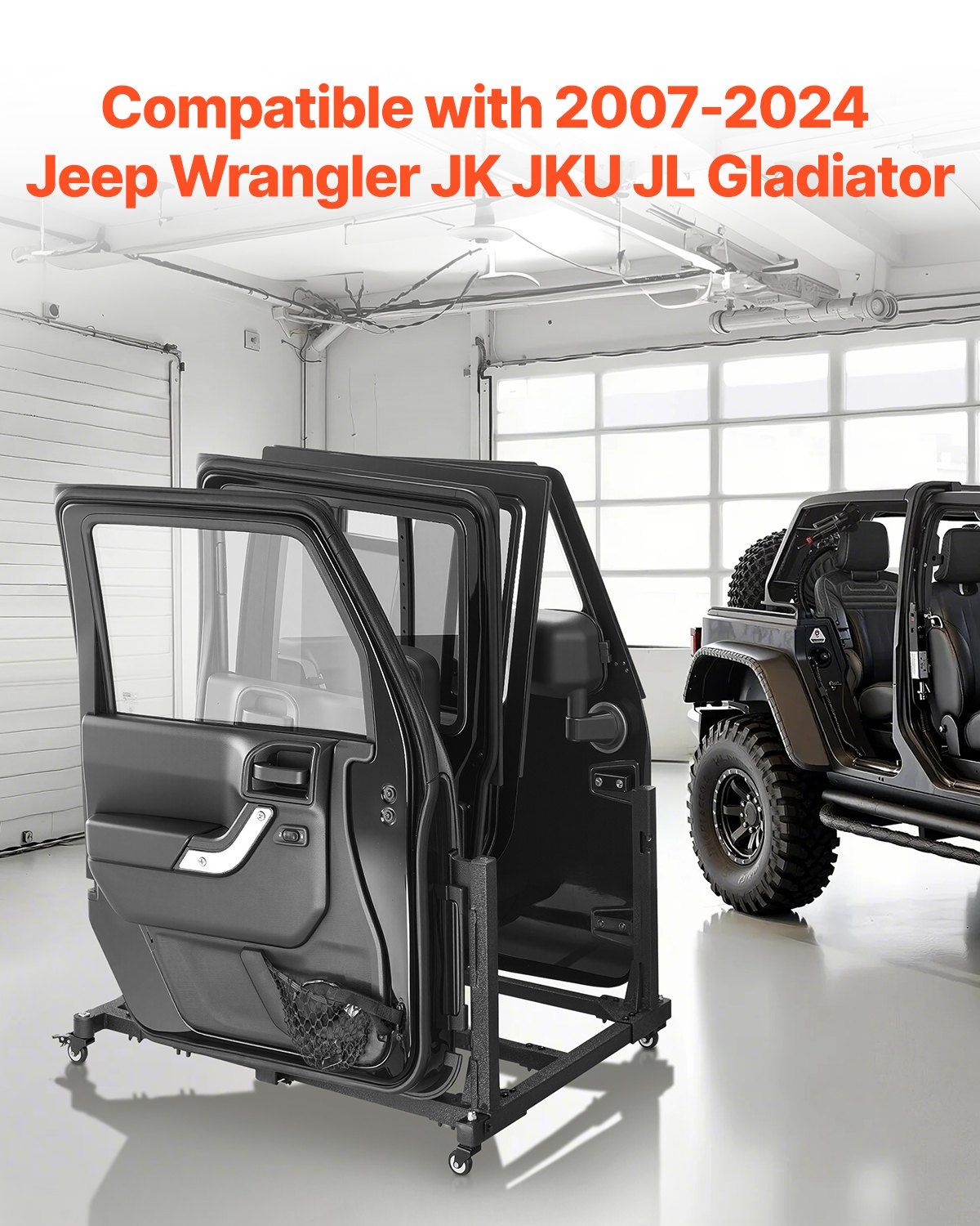 Jeep Door Storage Cart, 4 Doors Moveable Storage Cart Rack with Thickened Rubber Cushion, Sturdy Car Door Holder Cart Fit for Jeep Wrangler JK JKU JL Gladiator - Image 2