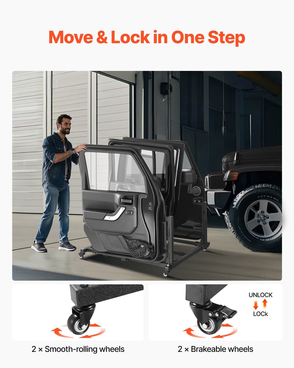 Jeep Door Storage Cart, 4 Doors Moveable Storage Cart Rack with Thickened Rubber Cushion, Sturdy Car Door Holder Cart Fit for Jeep Wrangler JK JKU JL Gladiator - Image 5