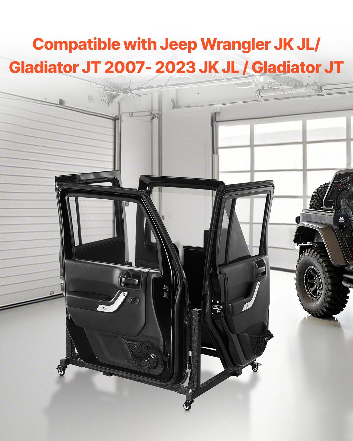 Jeep Door Storage Cart, 4 Doors Moveable Storage Cart Rack with Thickened Rubber Cushion, Sturdy Car Door Holder Cart Fit for Jeep Wrangler JK JL/Gladiator JT 2007- 2023 JK JL / Gladiator JT - Image 2