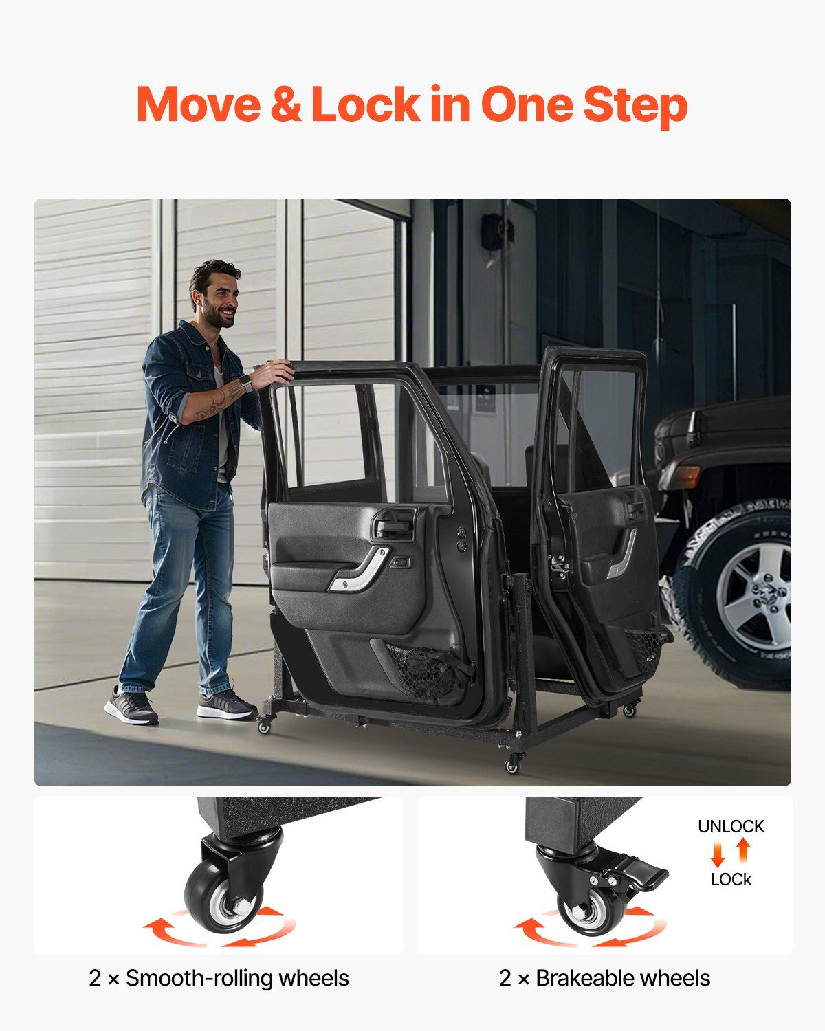 Jeep Door Storage Cart, 4 Doors Moveable Storage Cart Rack with Thickened Rubber Cushion, Sturdy Car Door Holder Cart Fit for Jeep Wrangler JK JL/Gladiator JT 2007- 2023 JK JL / Gladiator JT - Image 5