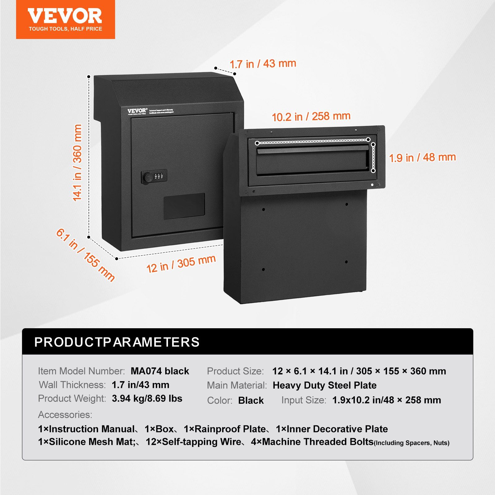 Through The Door Key Drop Box, Heavy Duty Steel Through the Door Mailbox with 12