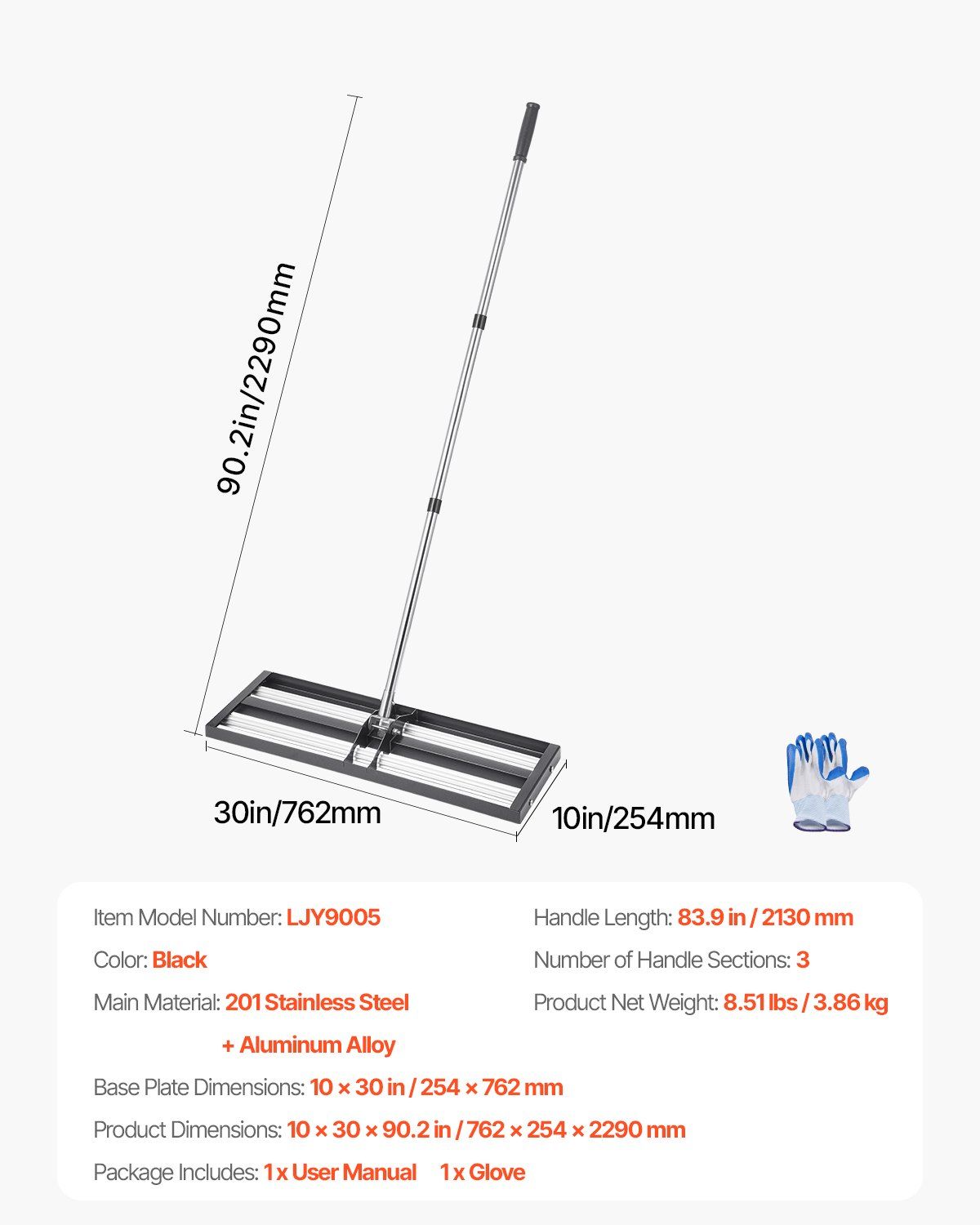 254 x 762 mm Lawn Leveling Rake with 2130 mm Adjustable Handle for Yard Garden - Image 7