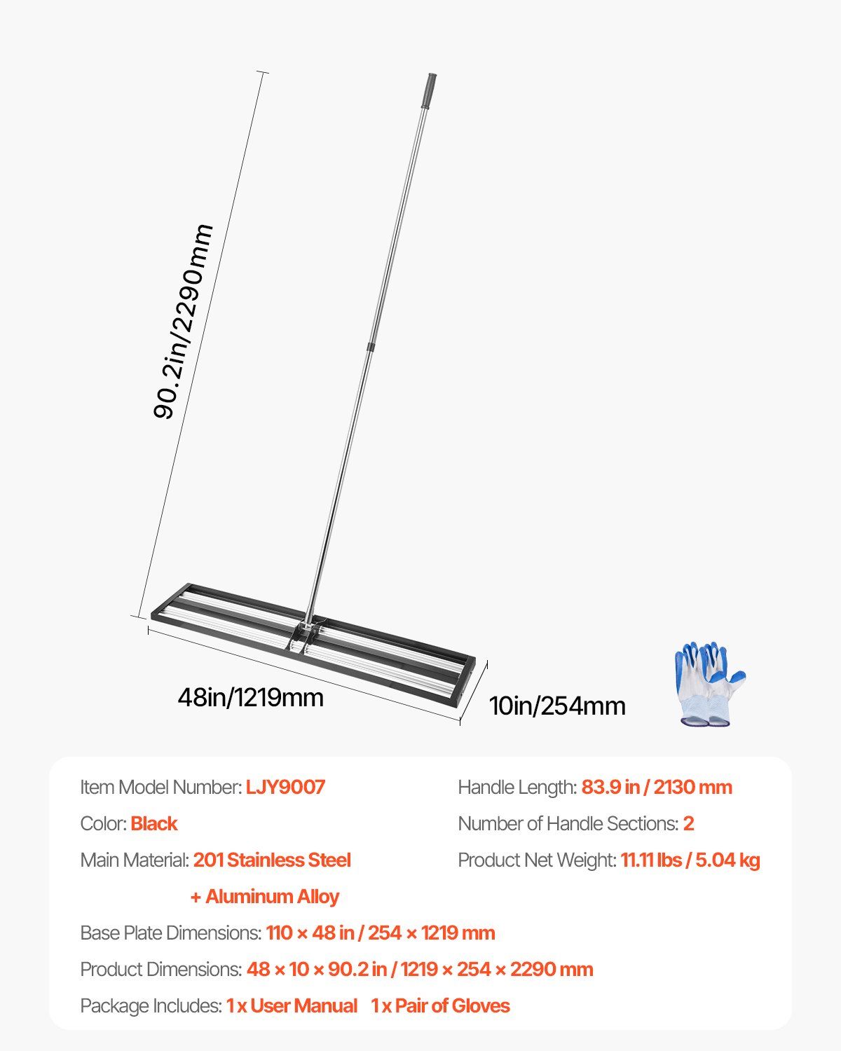 254 x 1219 mm Lawn Leveling Rake with 2130 mm Adjustable Handle for Yard Garden - Image 7