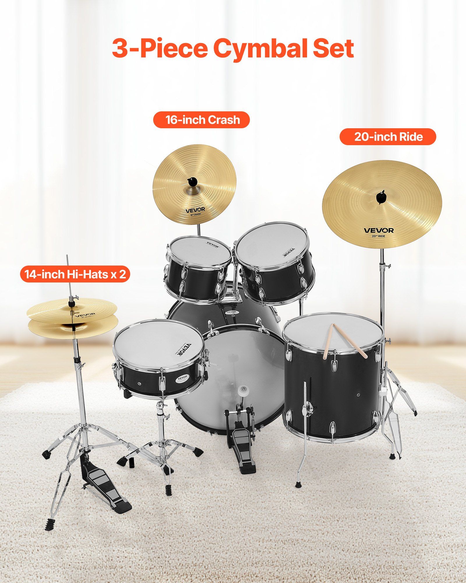 Cymbal Pack, 3 Pieces Cymbals for Drum Set, Alloy Cymbals Drum Set Includes 35.5 cm Hi-Hats, 40 cm Crash, 50.5 cm Ride, Drumsticks & Cymbal Bag, Alloy Cymbal Pack for Drummer, Bright Copper - Image 2
