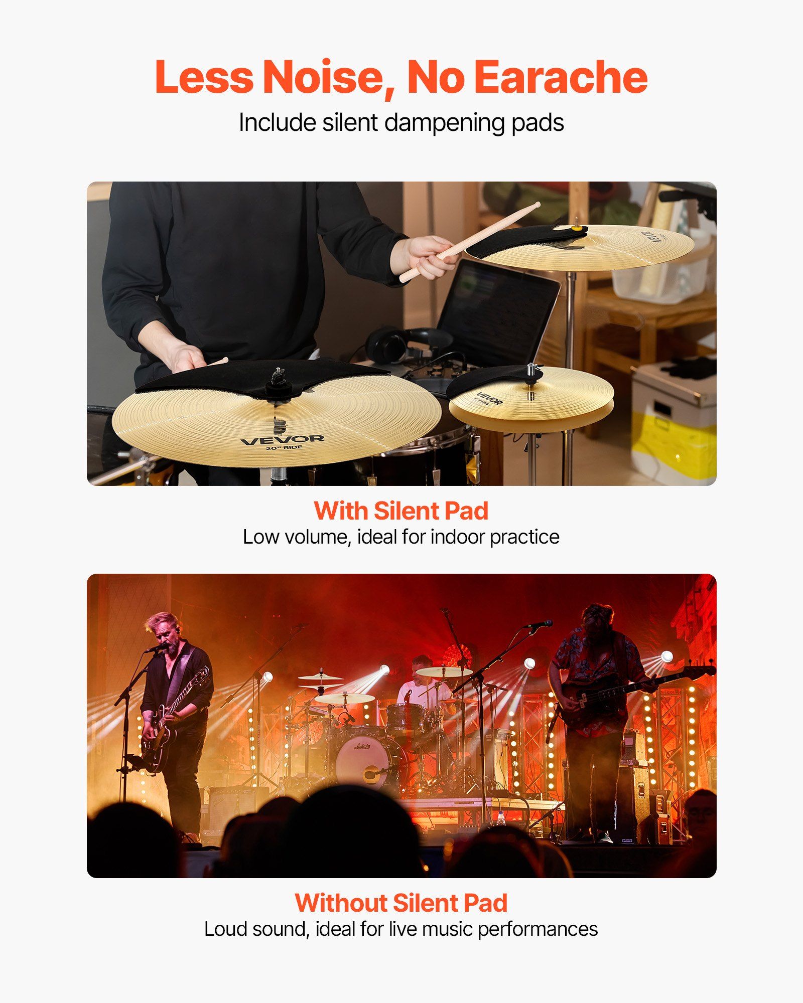 Cymbal Pack, 3 Pieces Cymbals for Drum Set, Alloy Cymbals Drum Set Includes 35.5 cm Hi-Hats, 40 cm Crash, 50.5 cm Ride, Drumsticks & Cymbal Bag, Alloy Cymbal Pack for Drummer, Bright Copper - Image 4