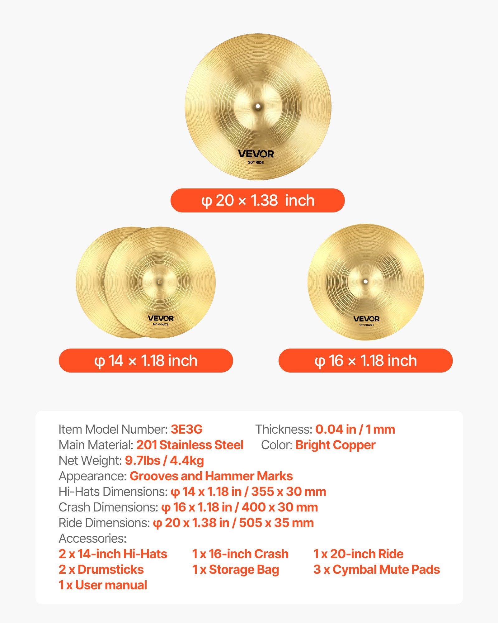 Cymbal Pack, 3 Pieces Cymbals for Drum Set, Alloy Cymbals Drum Set Includes 35.5 cm Hi-Hats, 40 cm Crash, 50.5 cm Ride, Drumsticks & Cymbal Bag, Alloy Cymbal Pack for Drummer, Bright Copper - Image 7