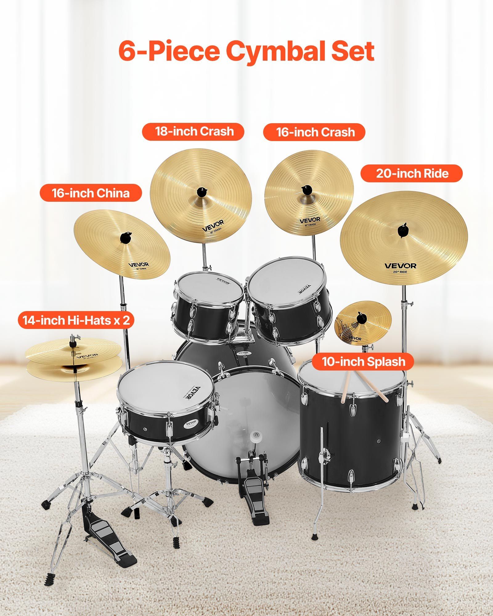 Cymbal Pack, 6 Pieces Cymbals for Drum Set, Alloy Cymbals Drum Set Includes 35.5 cm Hi-Hats, 40 cm Crash, 45.5 cm Crash, 50.5 cm Ride, 25.4 cm Splash, 40 cm China, Drumsticks & Cymbal Bag - Image 2