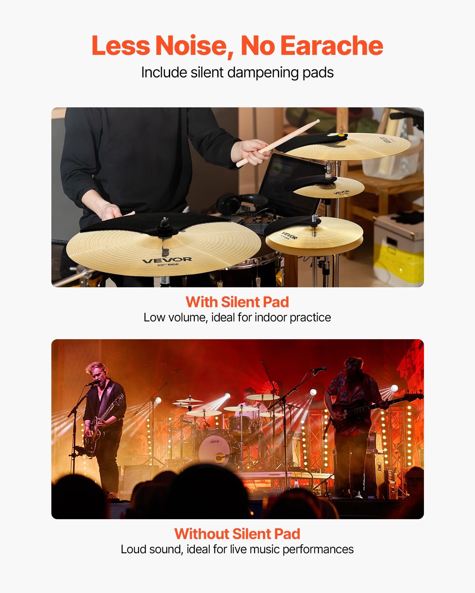 Cymbal Pack, 6 Pieces Cymbals for Drum Set, Alloy Cymbals Drum Set Includes 35.5 cm Hi-Hats, 40 cm Crash, 45.5 cm Crash, 50.5 cm Ride, 25.4 cm Splash, 40 cm China, Drumsticks & Cymbal Bag - Image 4