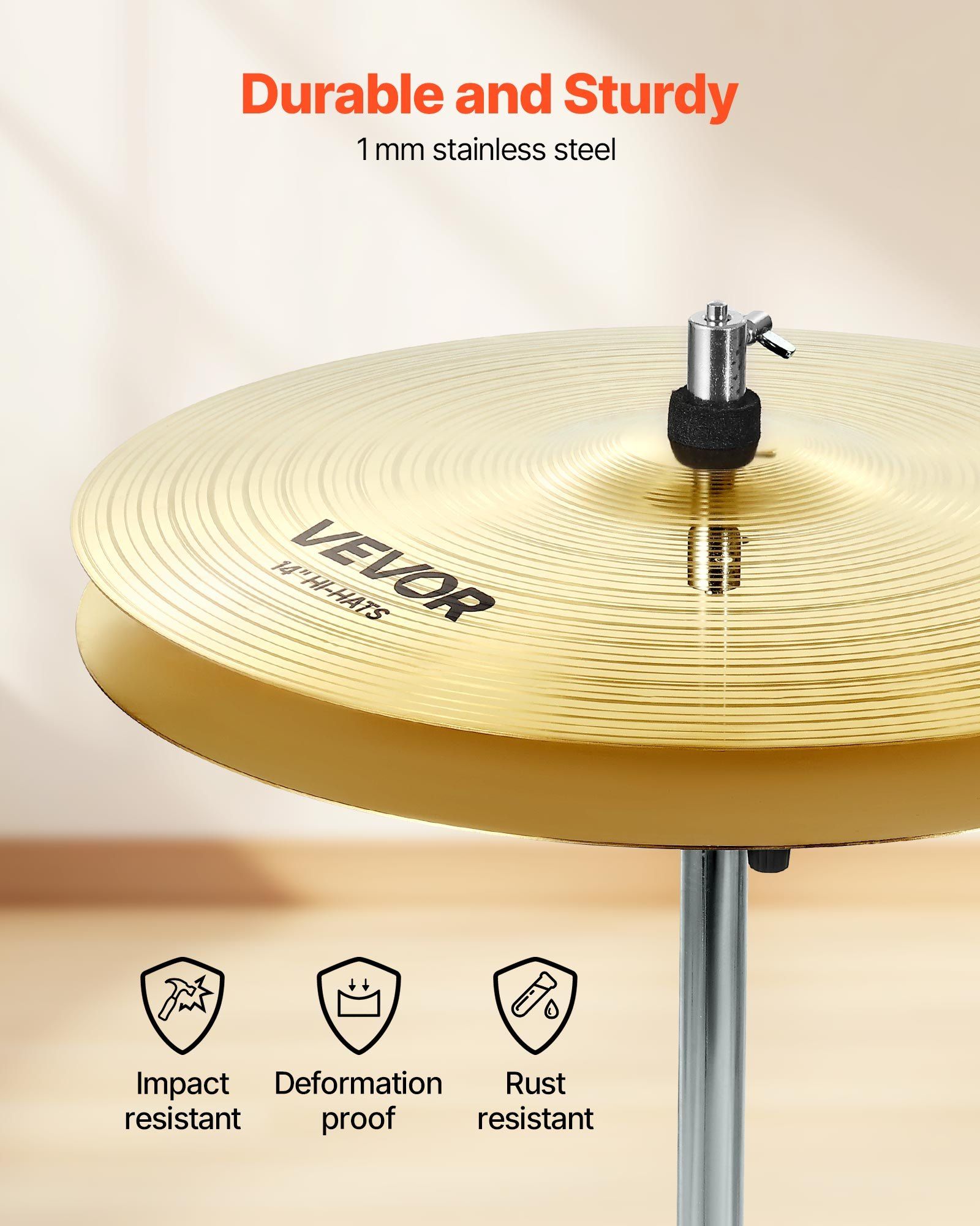 Cymbal Pack, 6 Pieces Cymbals for Drum Set, Alloy Cymbals Drum Set Includes 35.5 cm Hi-Hats, 40 cm Crash, 45.5 cm Crash, 50.5 cm Ride, 25.4 cm Splash, 40 cm China, Drumsticks & Cymbal Bag - Image 5