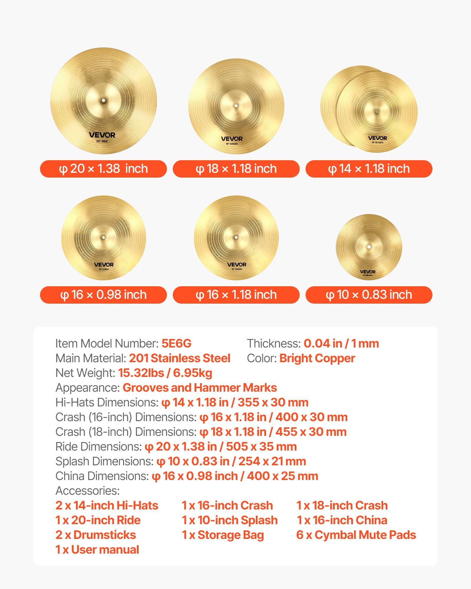 Cymbal Pack, 6 Pieces Cymbals for Drum Set, Alloy Cymbals Drum Set Includes 35.5 cm Hi-Hats, 40 cm Crash, 45.5 cm Crash, 50.5 cm Ride, 25.4 cm Splash, 40 cm China, Drumsticks & Cymbal Bag - Image 7