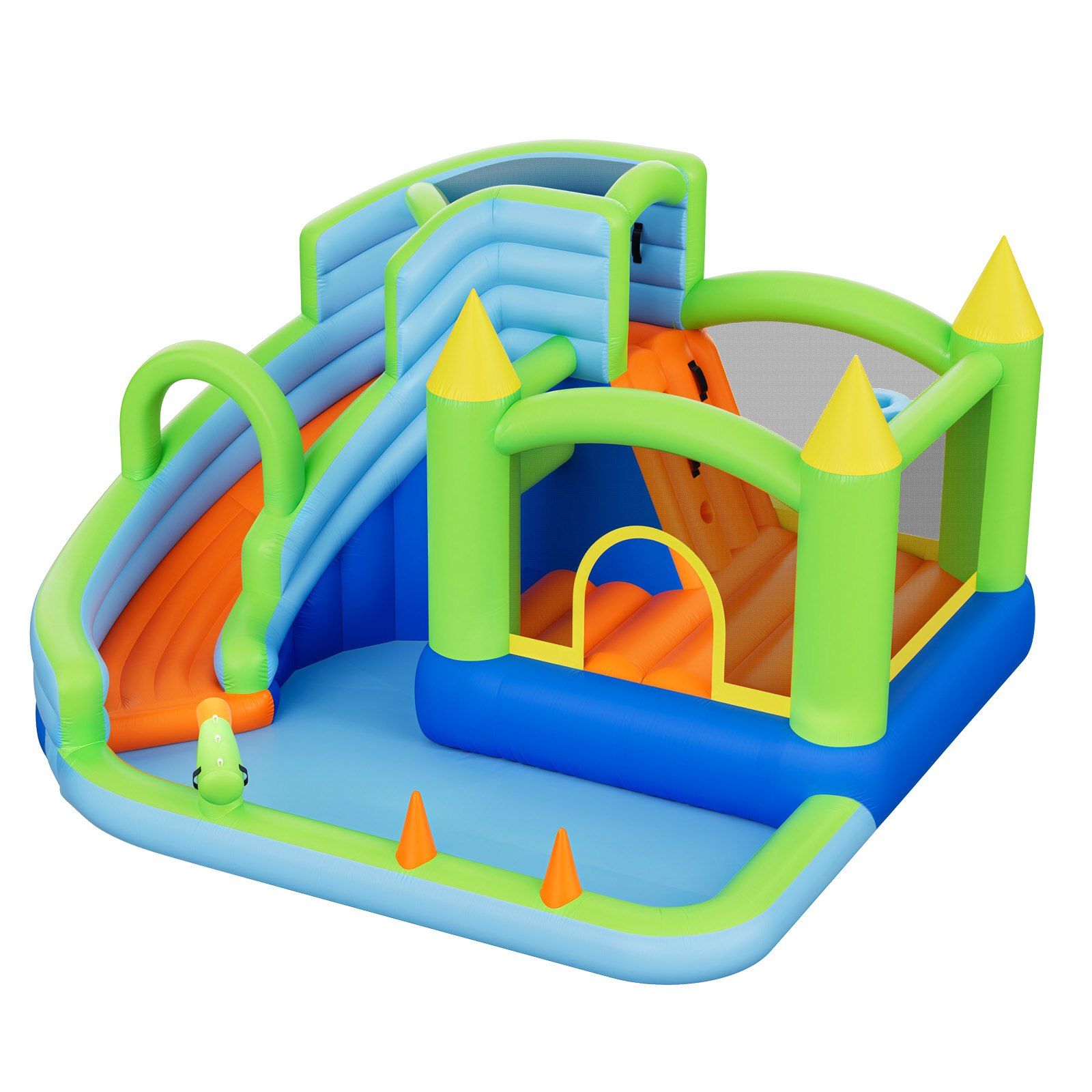 Inflatable Bounce House, 3.4 x 3.74 x 2.13 m Inflatable Bounce House Water Slide, Bouncer Castle with Castle Bounces, Basketball Hoop, Splash Pool & Water Ring Toss, for 3 to 4 Kids Ages 3 to 8 - Image 1