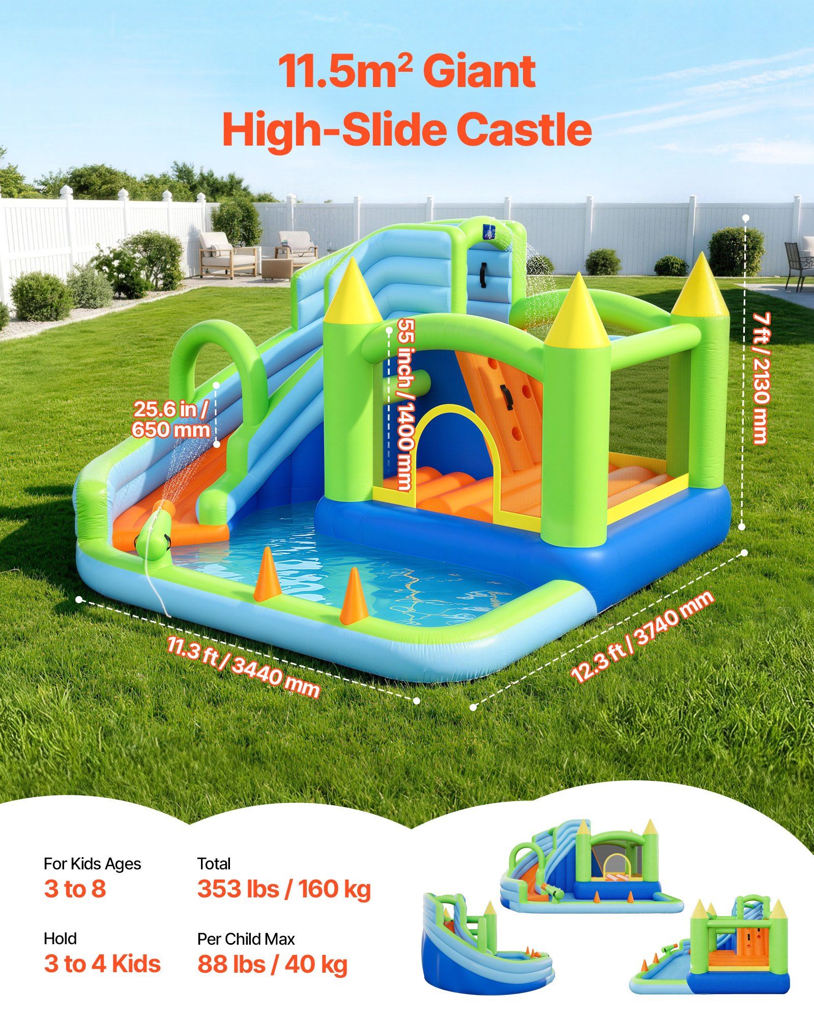Inflatable Bounce House, 3.4 x 3.74 x 2.13 m Inflatable Bounce House Water Slide, Bouncer Castle with Castle Bounces, Basketball Hoop, Splash Pool & Water Ring Toss, for 3 to 4 Kids Ages 3 to 8 - Image 2