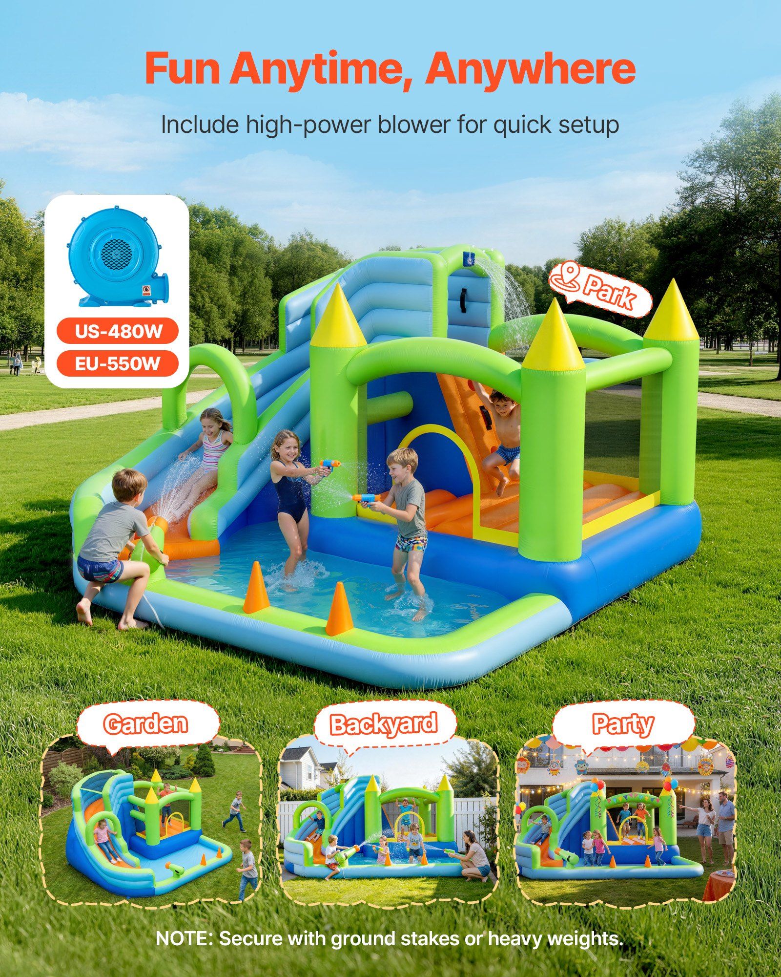 Inflatable Bounce House, 3.4 x 3.74 x 2.13 m Inflatable Bounce House Water Slide, Bouncer Castle with Castle Bounces, Basketball Hoop, Splash Pool & Water Ring Toss, for 3 to 4 Kids Ages 3 to 8 - Image 4