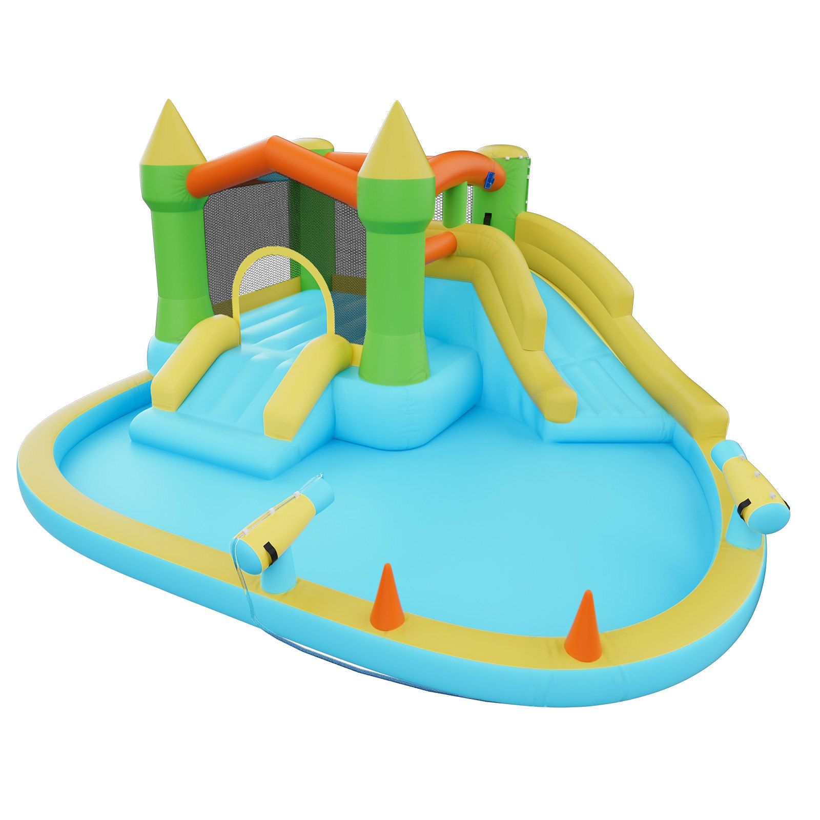 Inflatable Bounce House, 3.82 x 3.98 x 1.97 m Inflatable Bounce House Water Slide, Bouncer Castle with Castle Bounces, Basketball Hoop, Splash Pool & Water Ring Toss, for 3 to 4 Kids Ages 3 to 8 - Image 1