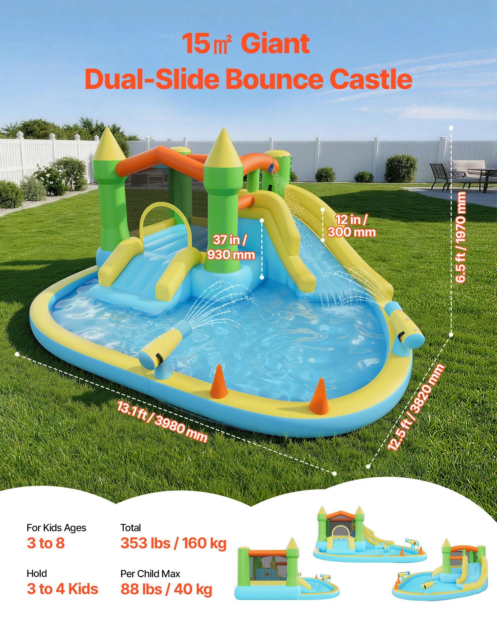 Inflatable Bounce House, 3.82 x 3.98 x 1.97 m Inflatable Bounce House Water Slide, Bouncer Castle with Castle Bounces, Basketball Hoop, Splash Pool & Water Ring Toss, for 3 to 4 Kids Ages 3 to 8 - Image 2
