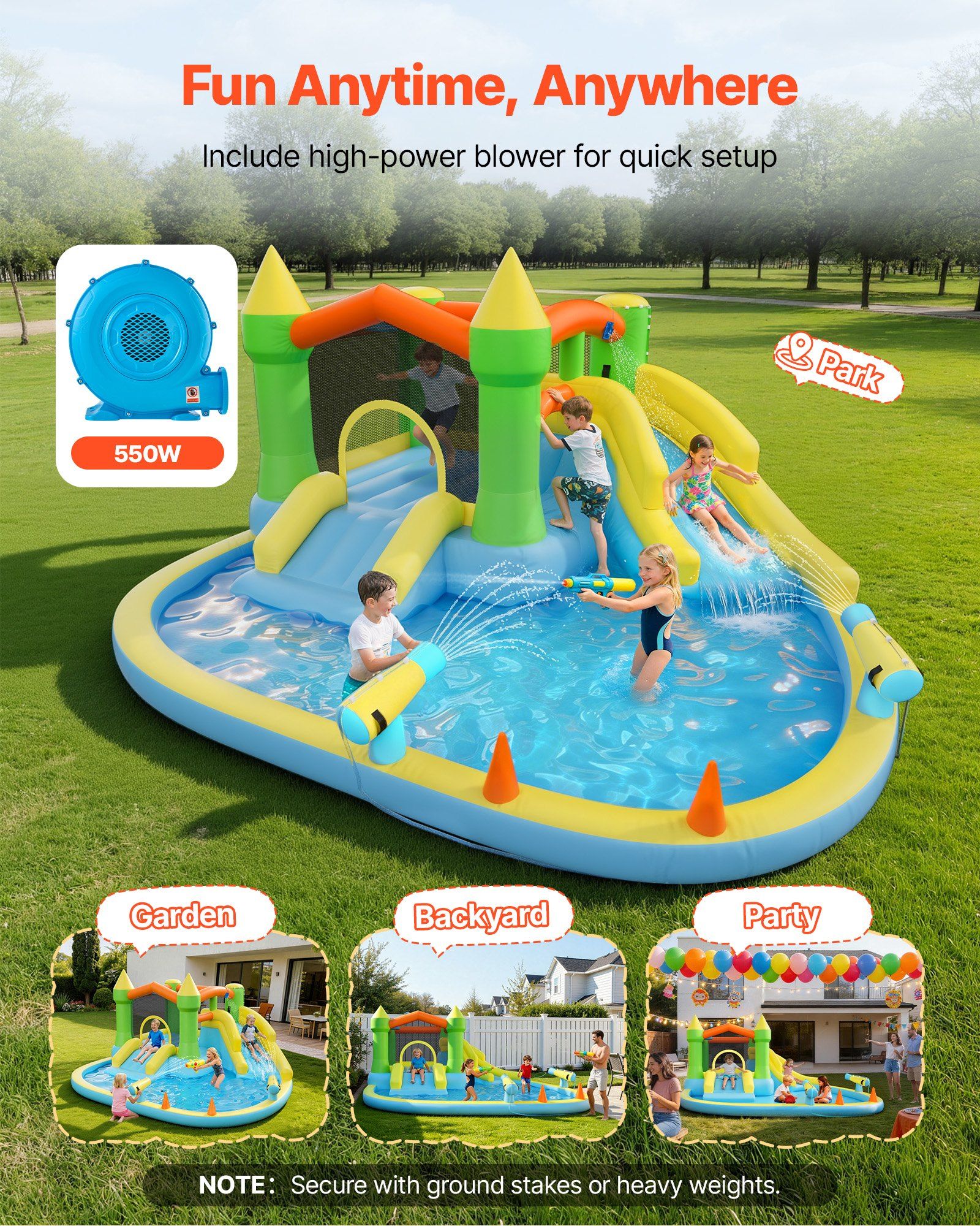 Inflatable Bounce House, 3.82 x 3.98 x 1.97 m Inflatable Bounce House Water Slide, Bouncer Castle with Castle Bounces, Basketball Hoop, Splash Pool & Water Ring Toss, for 3 to 4 Kids Ages 3 to 8 - Image 4