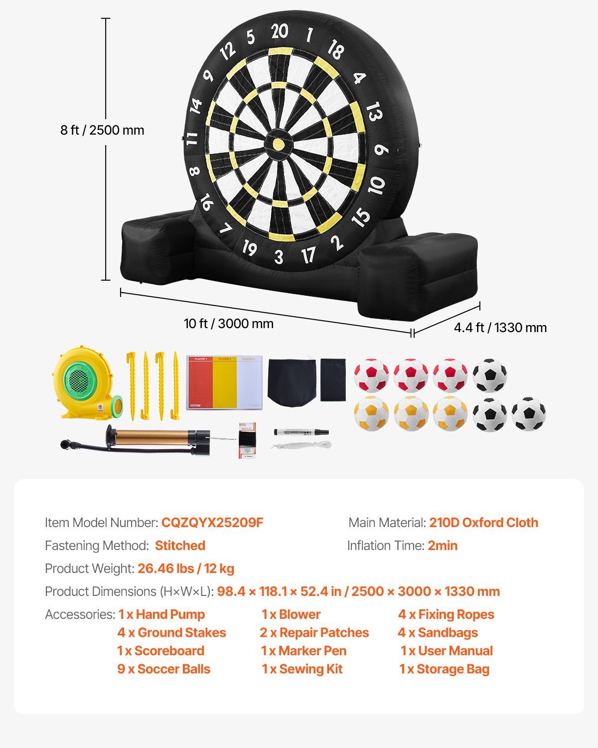 Inflatable Soccer Dart Board, over 2.5 m High Giant Soccer Dart Board with 9 Kick Balls & Air Pump, 2-Minutes Setup & Storage Bag for Easy Carrying, for Giant Yard Games, Giant Kick Darts Game - Image 7