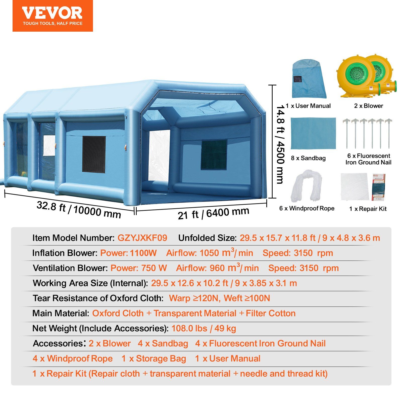 Inflatable Paint Booth, 32.8 x 21 x 14.8 ft Inflatable Spray Booth, with 1100W+750W Powerful Blowers and Air Filter System, Portable Car Paint Booth for Large Truck, Large Van, Large Machinery - Image 7