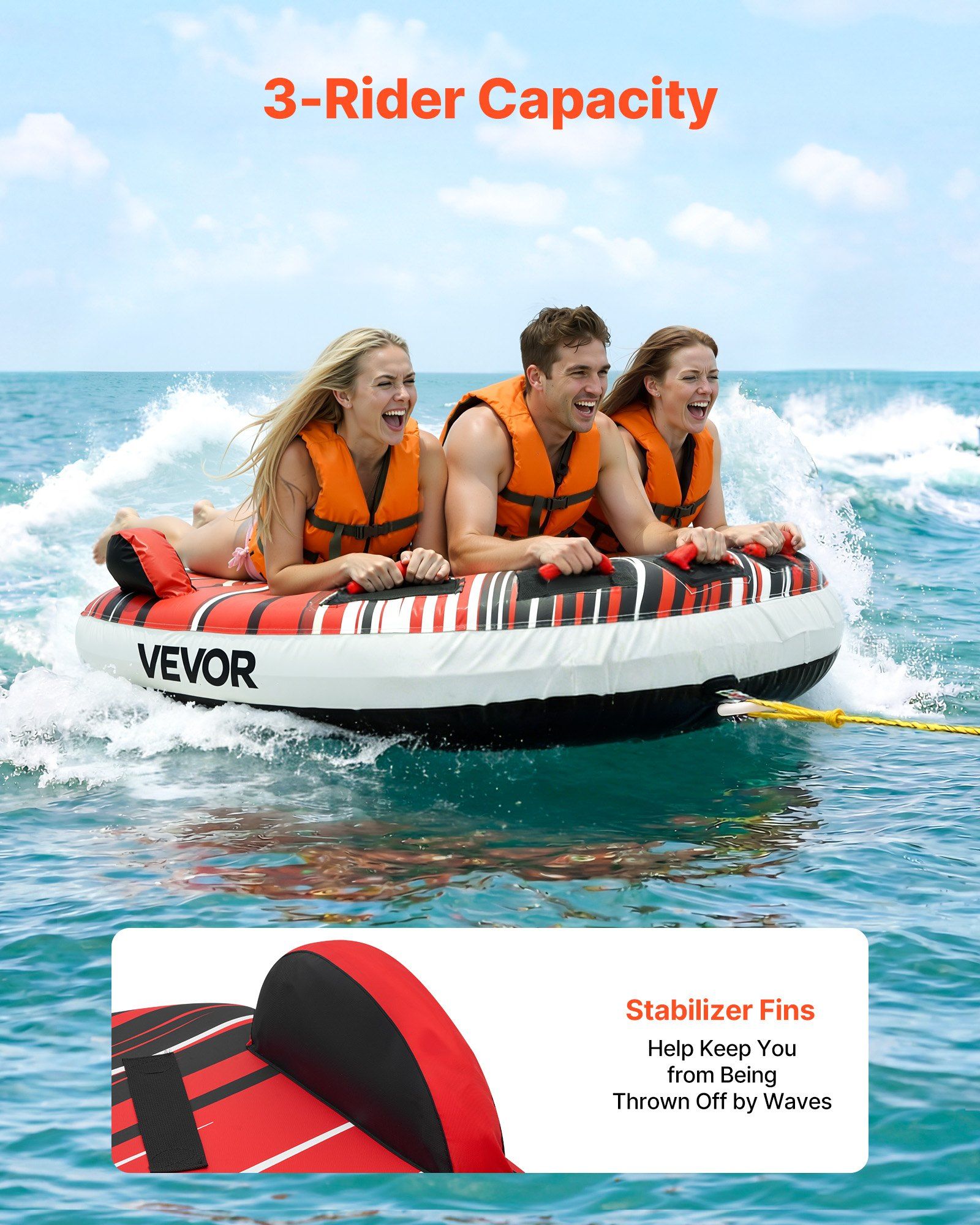 Towable Tube for Boating, 3 Riders Inflatable Boat Tubes and Towables, 231 kg Capacity Water Sport Towable Tube for Boat to Pull - with Fins, Full Nylon Cover, Padded Handles & Safety Valve - Image 2