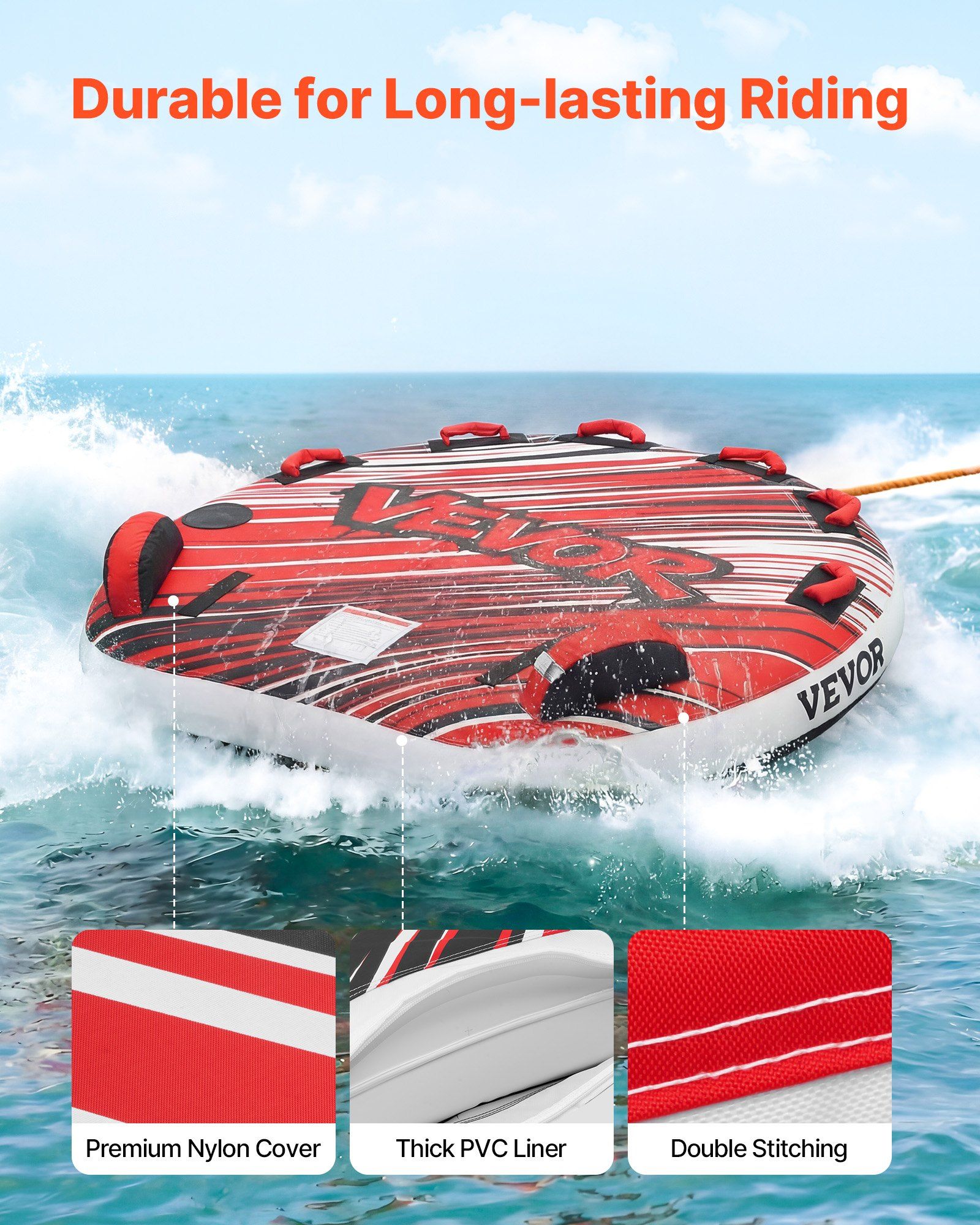 Towable Tube for Boating, 3 Riders Inflatable Boat Tubes and Towables, 231 kg Capacity Water Sport Towable Tube for Boat to Pull - with Fins, Full Nylon Cover, Padded Handles & Safety Valve - Image 3