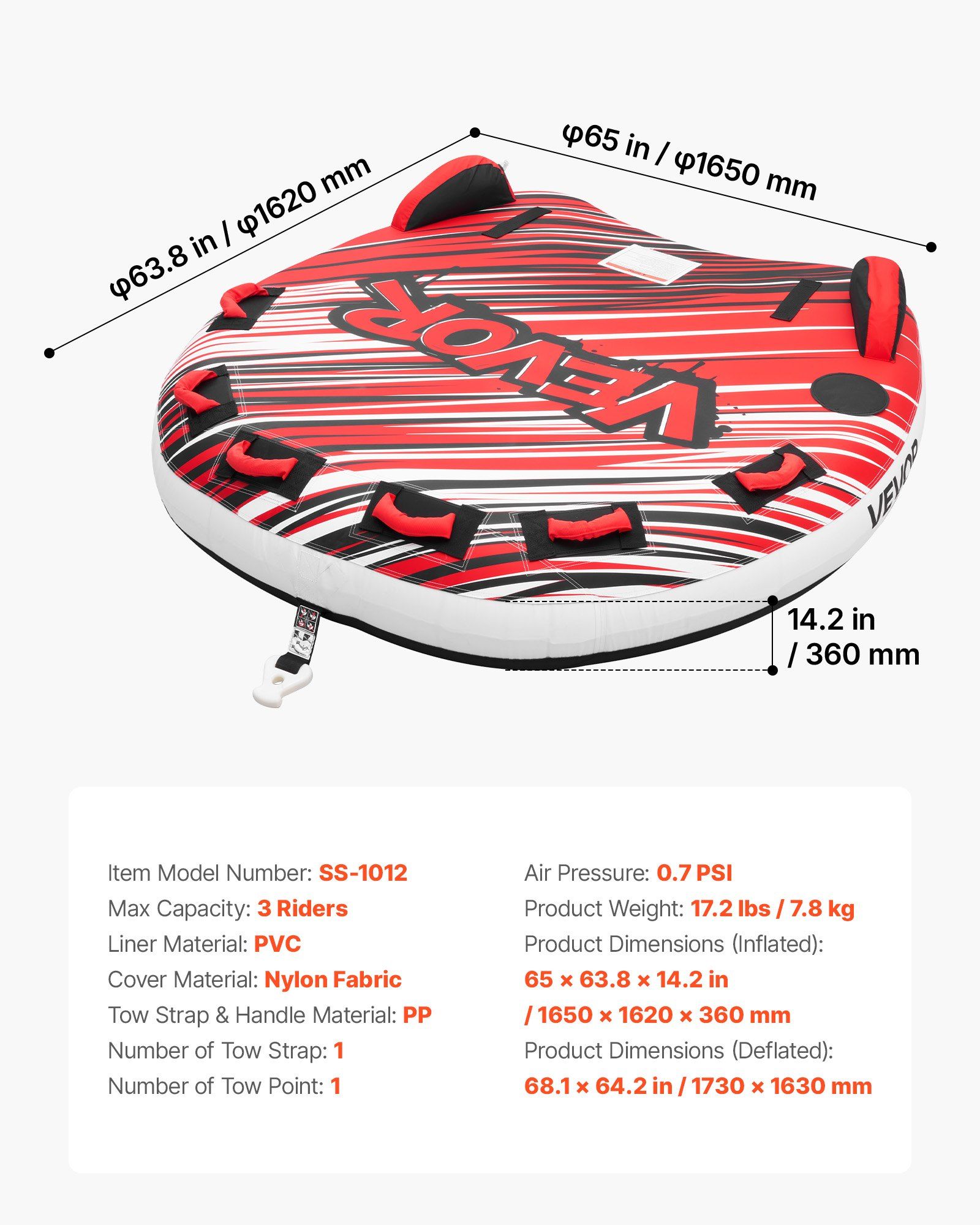 Towable Tube for Boating, 3 Riders Inflatable Boat Tubes and Towables, 231 kg Capacity Water Sport Towable Tube for Boat to Pull - with Fins, Full Nylon Cover, Padded Handles & Safety Valve - Image 7