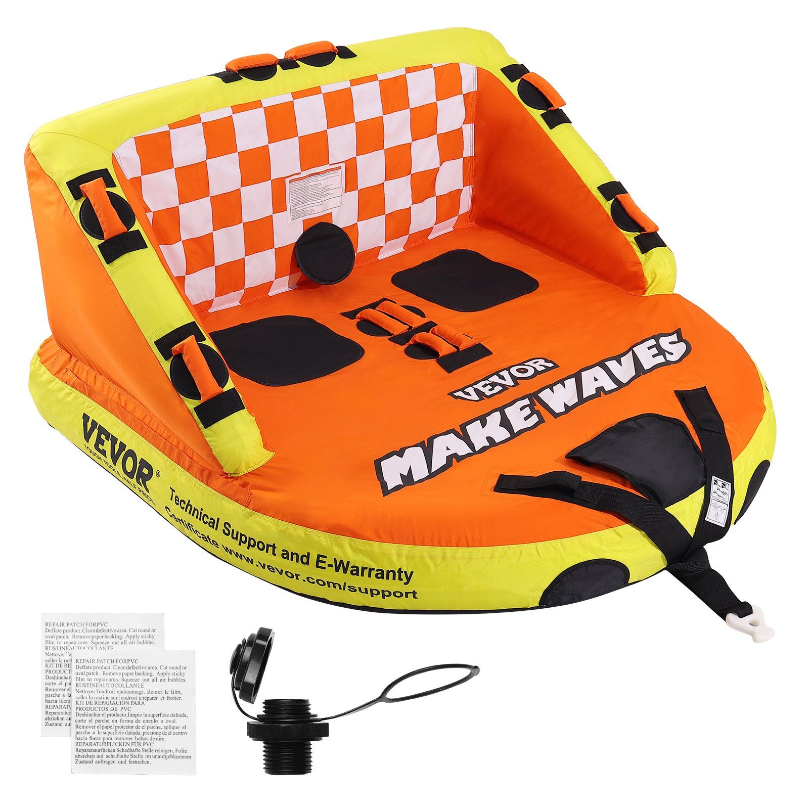 Towable Tube for Boating, 1-2 Riders Inflatable Towable Tubes with Deck Seats and Backrest, 340 lbs Water Sport Tube for Boat to Pull, Full Nylon Cover, EVA Grab Handles and Speed Safety Valve - Image 1