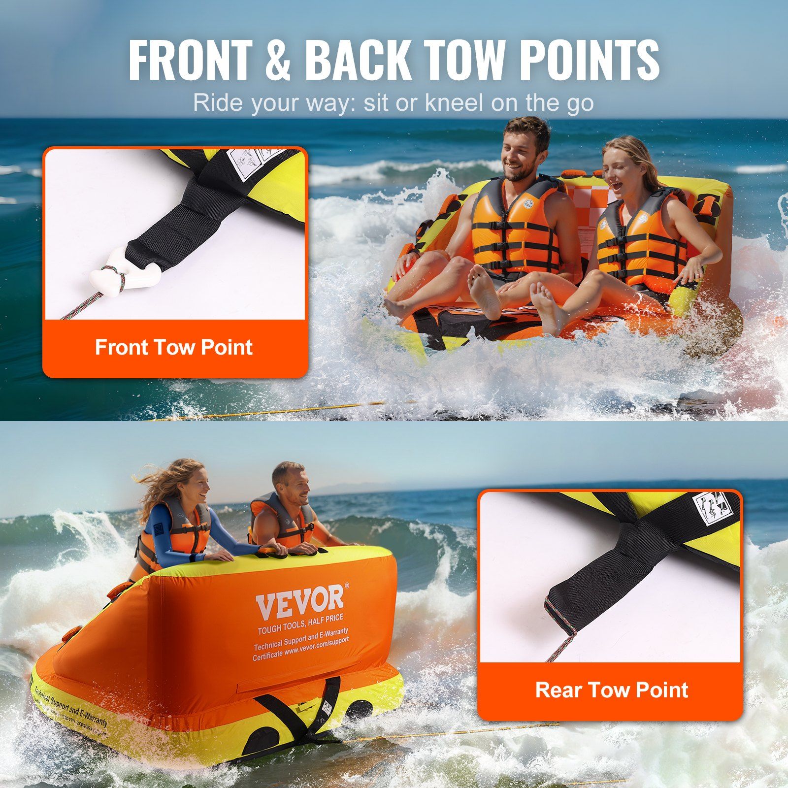 Towable Tube for Boating, 1-2 Riders Inflatable Towable Tubes with Deck Seats and Backrest, 340 lbs Water Sport Tube for Boat to Pull, Full Nylon Cover, EVA Grab Handles and Speed Safety Valve - Image 5