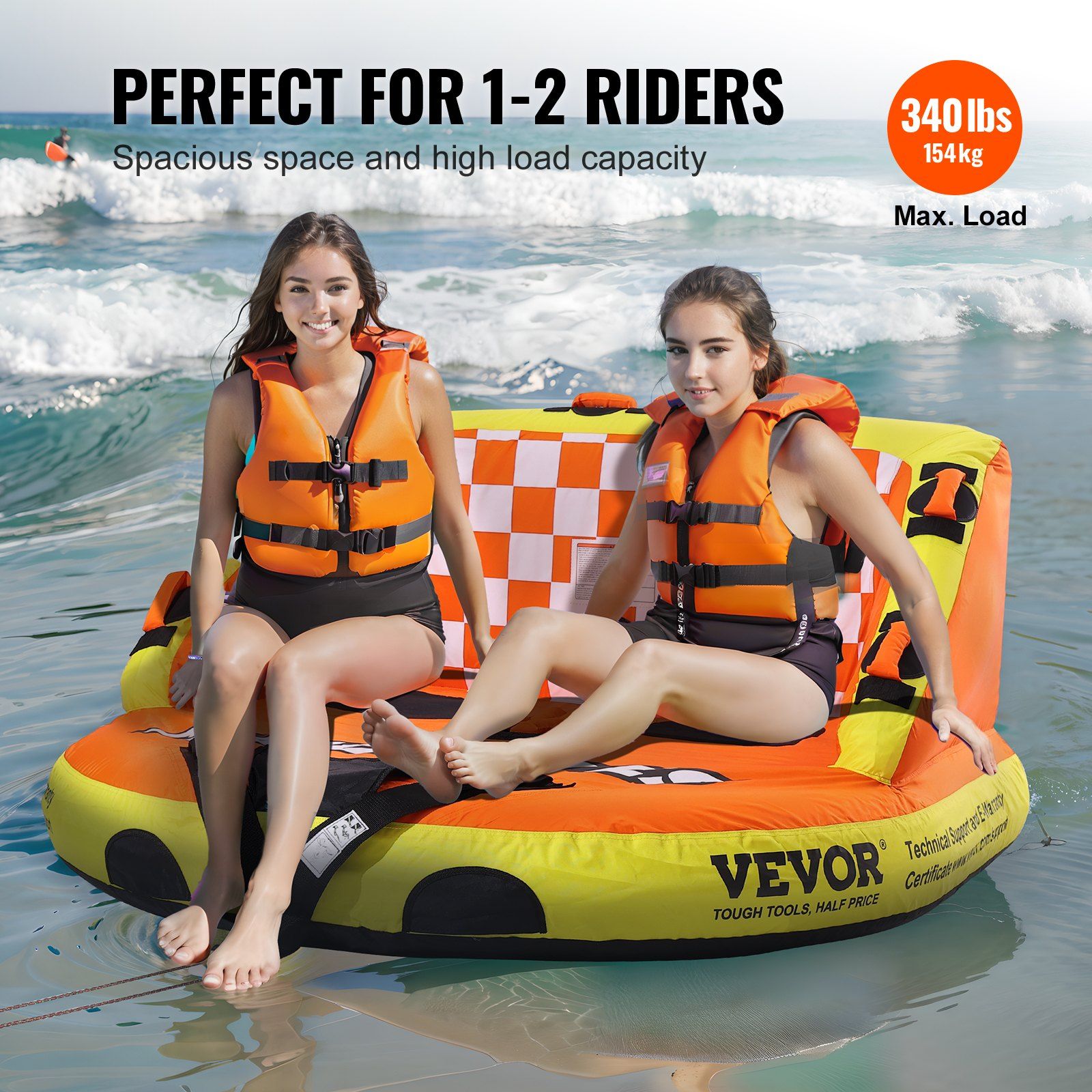 Towable Tube for Boating, 1-2 Riders Inflatable Towable Tubes with Deck Seats and Backrest, 340 lbs Water Sport Tube for Boat to Pull, Full Nylon Cover, EVA Grab Handles and Speed Safety Valve - Image 6